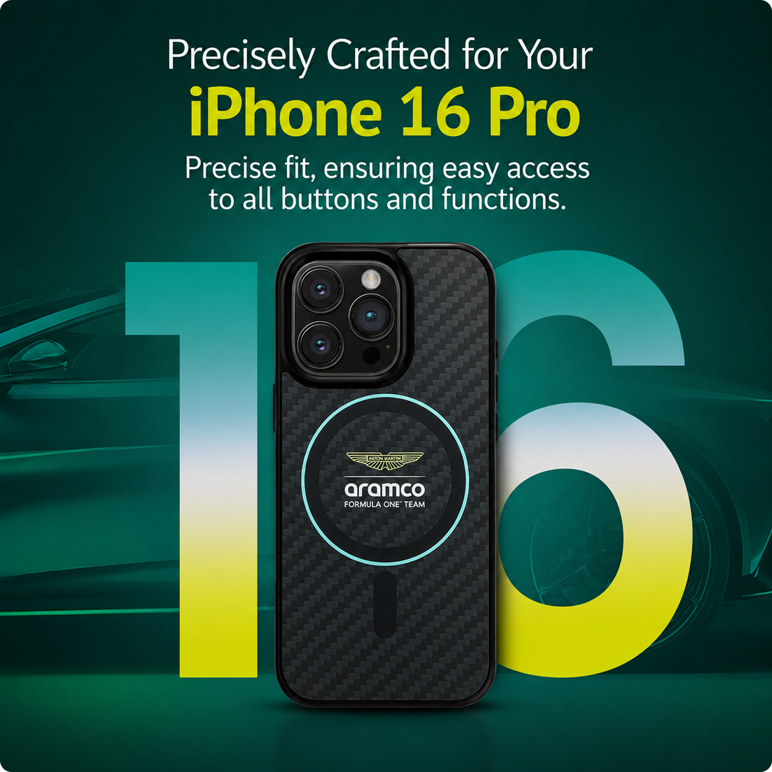 CG MOBILE Aston Martin Phone Case [Official Licensed] Magnetic Compatible| Carbon Fiber Case with Green Circle & Printed Logo Protective Case Designed for iPhone 16 Pro (2024) -Black