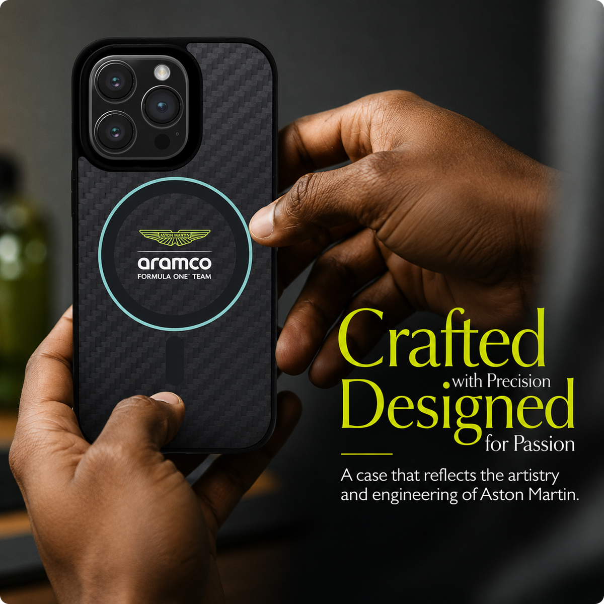 CG MOBILE Aston Martin Phone Case [Official Licensed] Magnetic Compatible| Carbon Fiber Case with Green Circle & Printed Logo Protective Case Designed for iPhone 16 Pro (2024) -Black