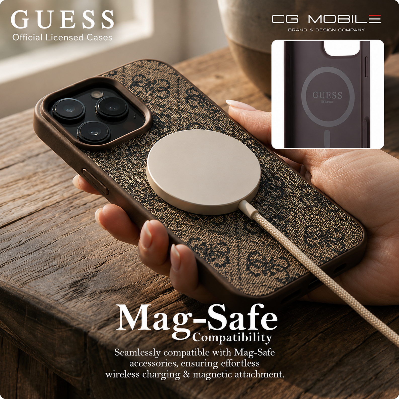 GUESS [Official Licensed by CG Mobile Protective Case Designed for iPhone 16 Pro Max |Magnetic Compatible|4G PU Leather Case with Classic Metal Logo - Brown