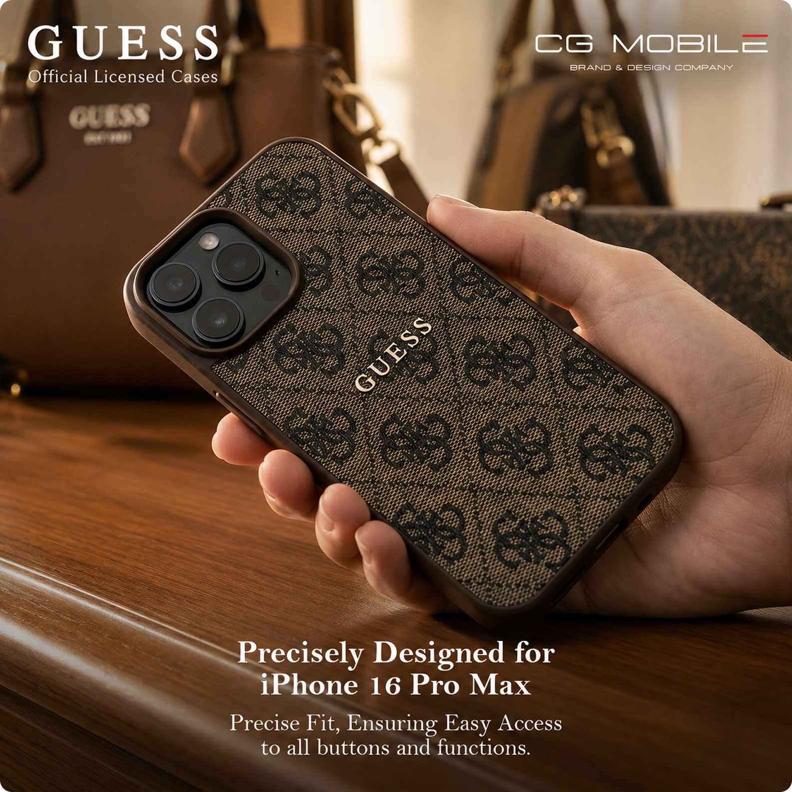 GUESS [Official Licensed by CG Mobile Protective Case Designed for iPhone 16 Pro Max |Magnetic Compatible|4G PU Leather Case with Classic Metal Logo - Brown