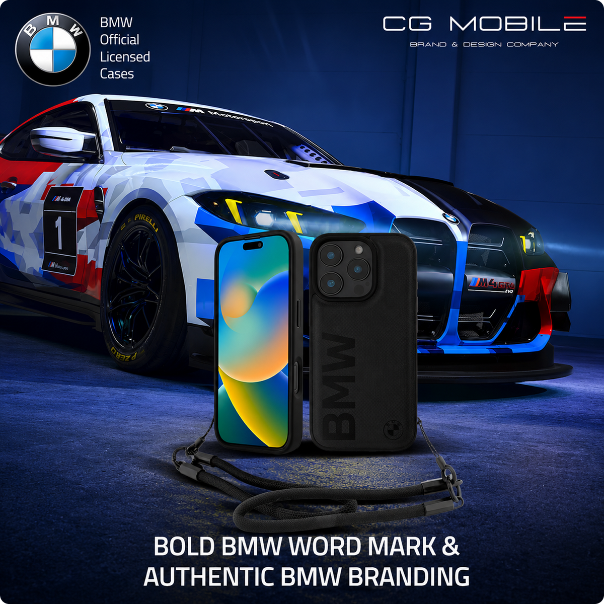 CG MOBILE BMW Phone Case [Official Licensed] Signature| PU Leather Case with Cord Strap Big Wordmark Protective Case/Cover Compatible with iPhone 16 Pro Max (6.9-Inch) (2024) - Black