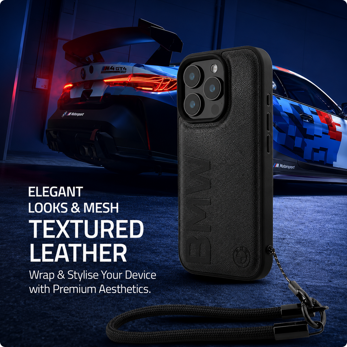 CG MOBILE BMW Phone Case [Official Licensed] Signature| PU Leather Case with Cord Strap Big Wordmark Protective Case/Cover Compatible with iPhone 16 Pro Max (6.9-Inch) (2024) - Black