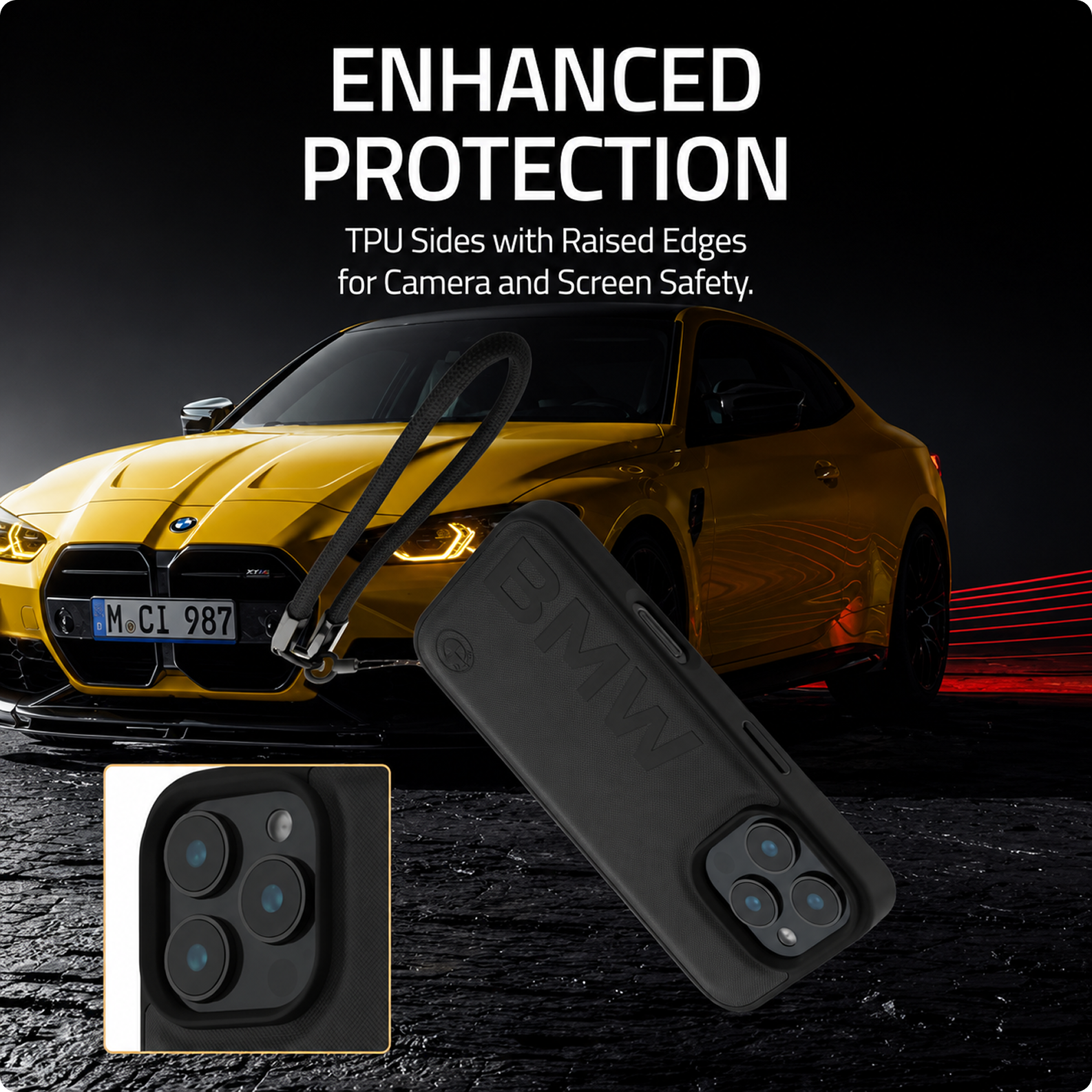CG MOBILE BMW Phone Case [Official Licensed] Signature| PU Leather Case with Cord Strap Big Wordmark Protective Case/Cover Compatible with iPhone 16 Pro Max (6.9-Inch) (2024) - Black