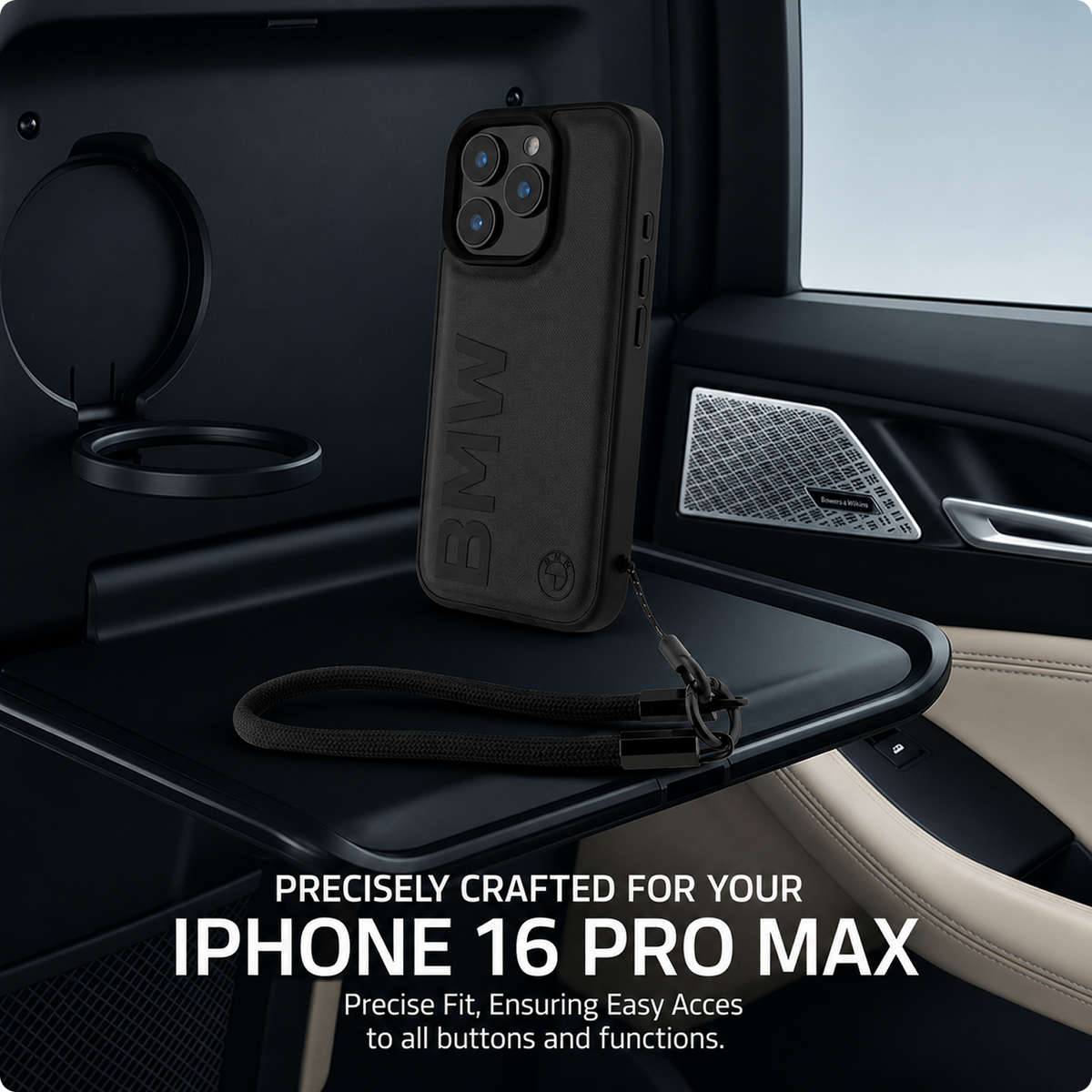 CG MOBILE BMW Phone Case [Official Licensed] Signature| PU Leather Case with Cord Strap Big Wordmark Protective Case/Cover Compatible with iPhone 16 Pro Max (6.9-Inch) (2024) - Black