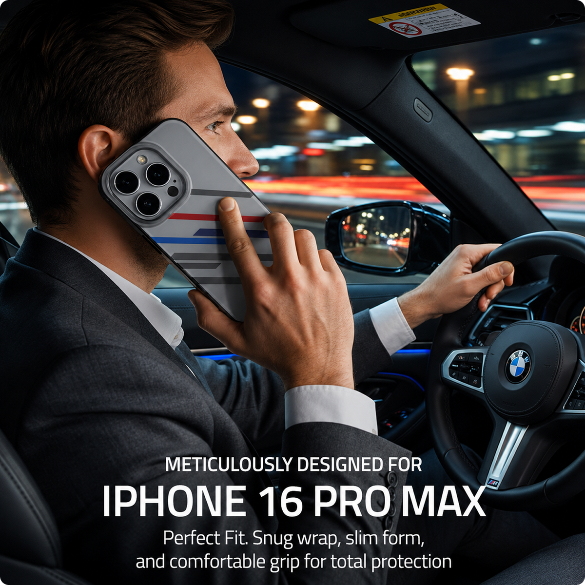 CG MOBILE BMW [Official Licensed], Protective Case Designed for iPhone 16 Pro Max |Motorsport | IML Printed Case Random Stripes - Grey