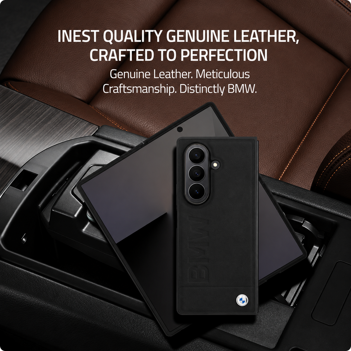 CG MOBILE BMW [Official Licensed] Signature Collection | Genuine Leather Case with Big Wordmark Protective Case/Cover Designed for Galaxy Z Fold 7 (2025) - Black