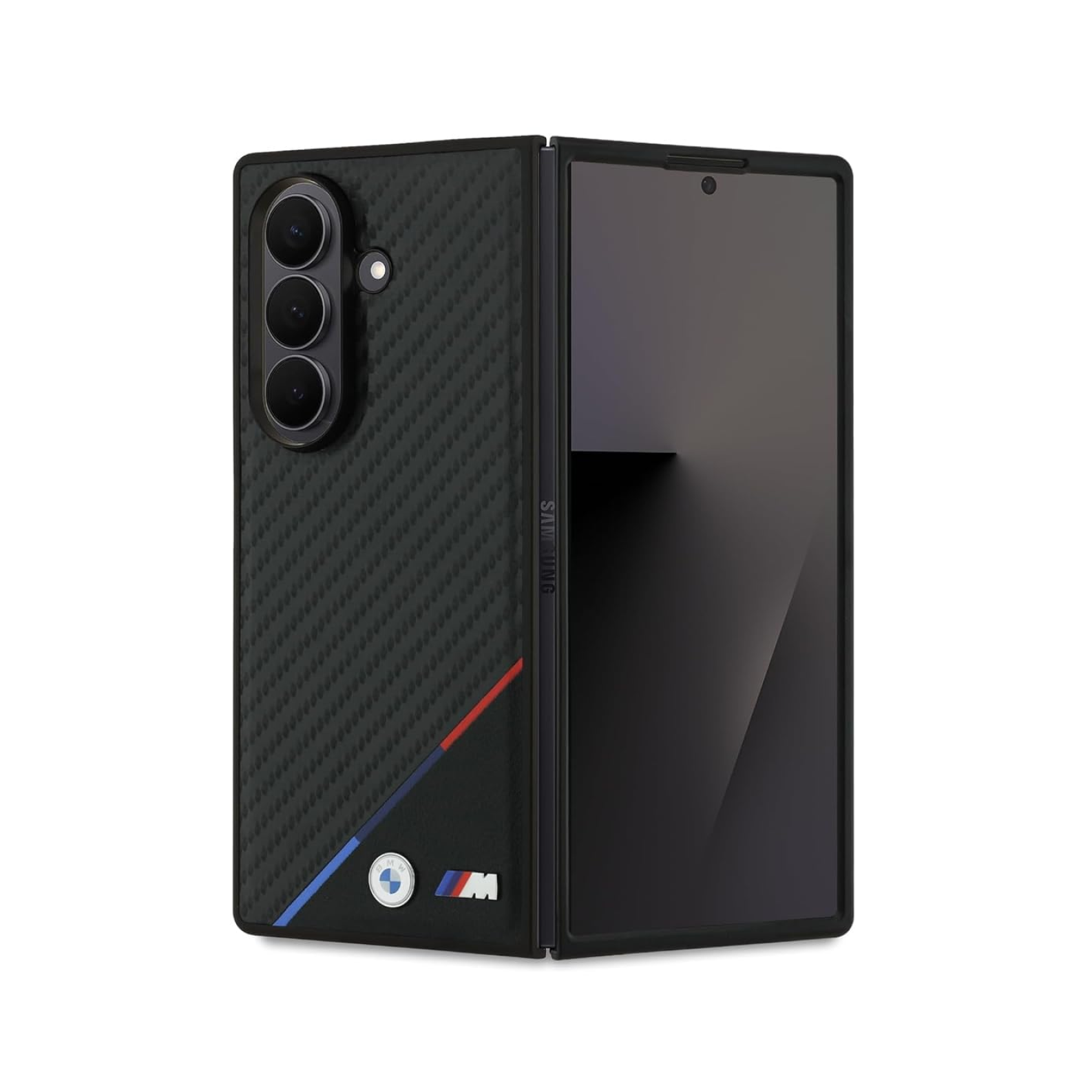 CG MOBILE BMW [Official Licensed] M Collection | Magnetic System, PU Leather & Carbon Case | Tricolor Stripe & Metal Logo Protective Case/Cover Designed for Galaxy Z Fold 7 - Black