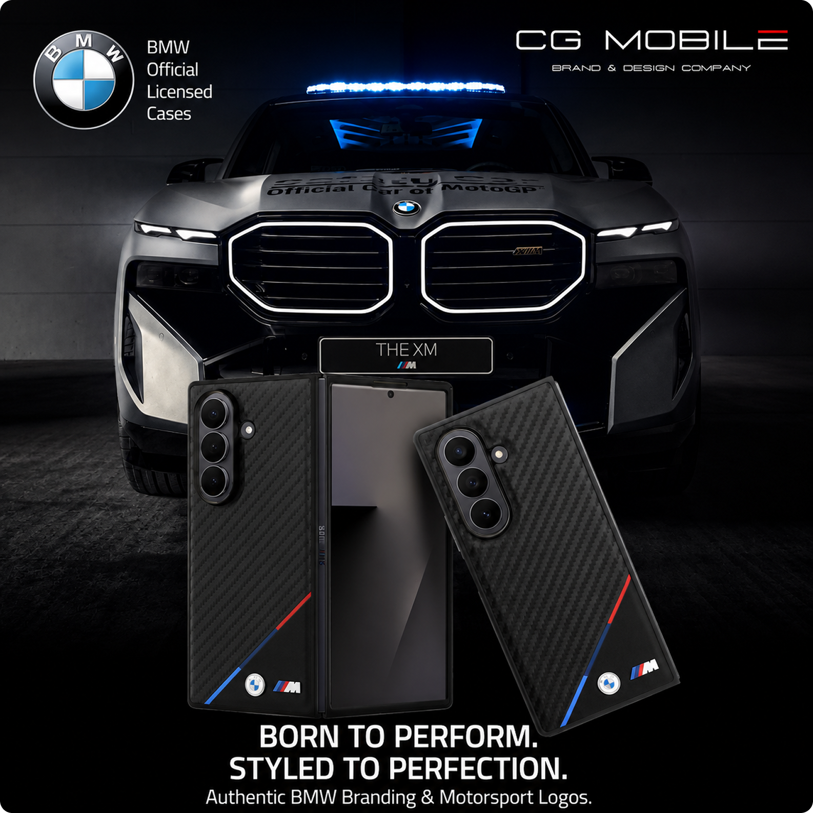 CG MOBILE BMW [Official Licensed] M Collection | Magnetic System, PU Leather & Carbon Case | Tricolor Stripe & Metal Logo Protective Case/Cover Designed for Galaxy Z Fold 7 - Black