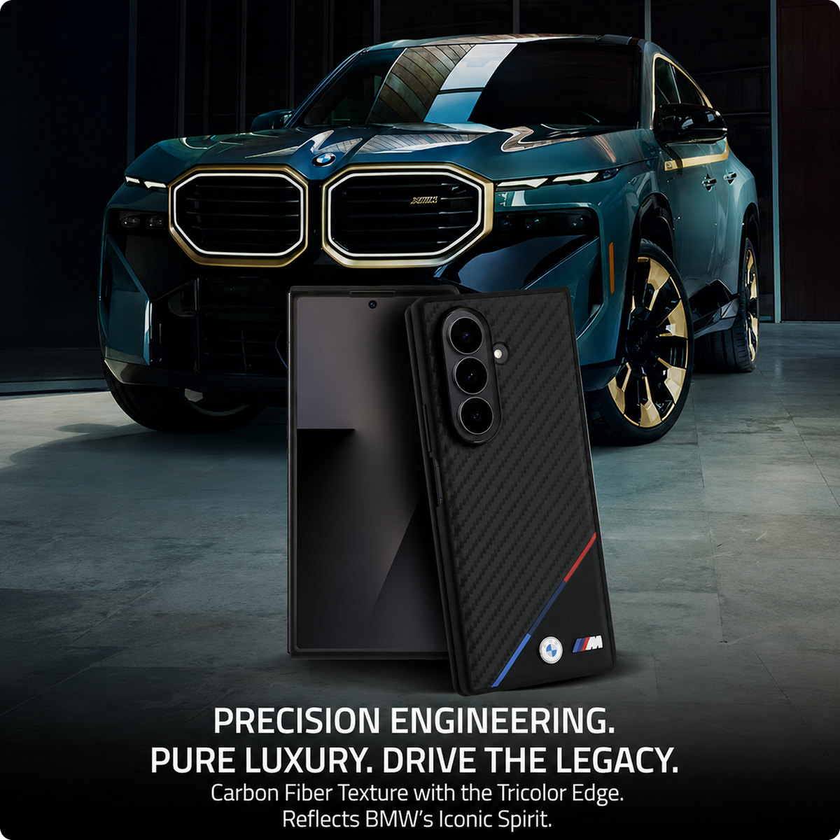 CG MOBILE BMW [Official Licensed] M Collection | Magnetic System, PU Leather & Carbon Case | Tricolor Stripe & Metal Logo Protective Case/Cover Designed for Galaxy Z Fold 7 - Black