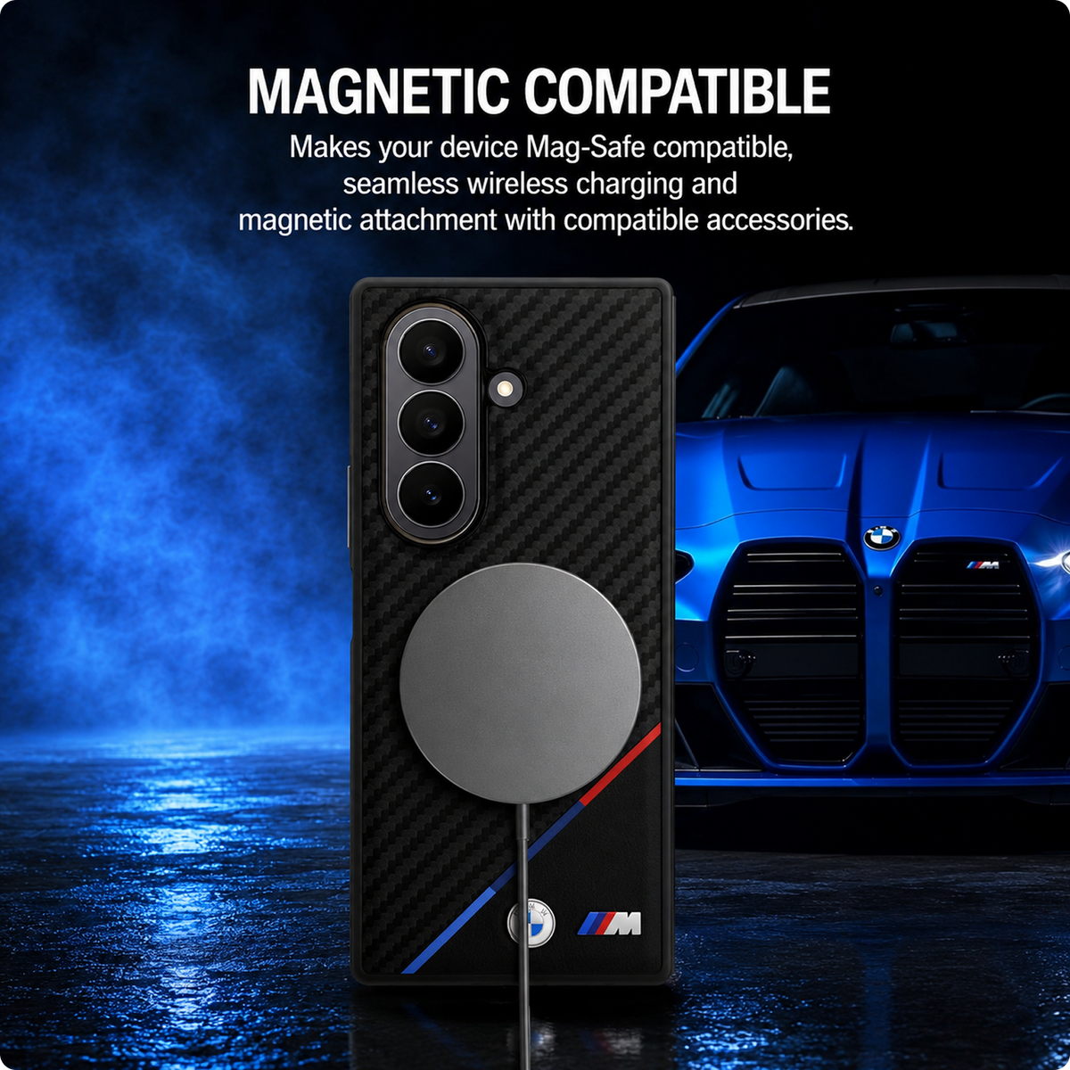 CG MOBILE BMW [Official Licensed] M Collection | Magnetic System, PU Leather & Carbon Case | Tricolor Stripe & Metal Logo Protective Case/Cover Designed for Galaxy Z Fold 7 - Black