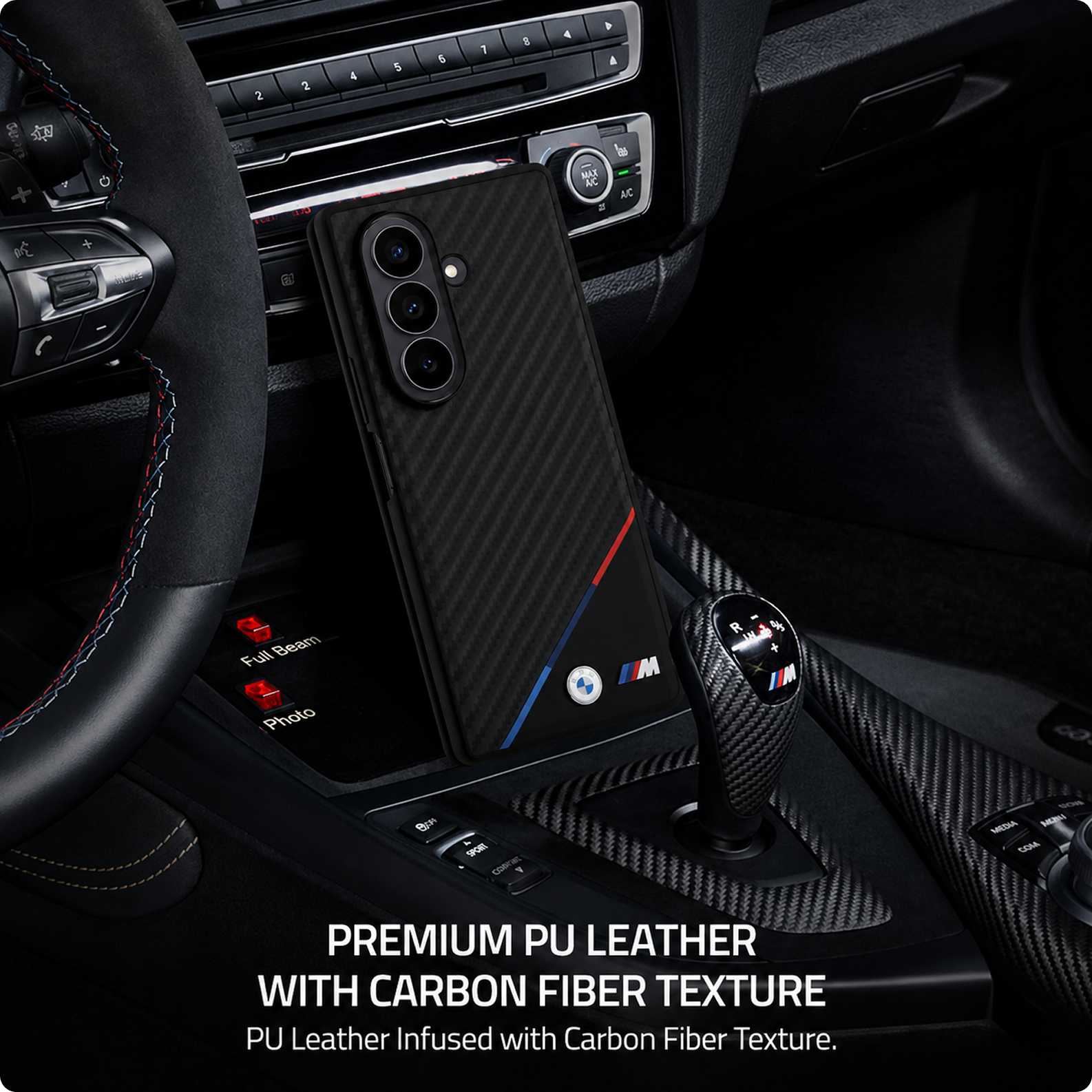 CG MOBILE BMW [Official Licensed] M Collection | Magnetic System, PU Leather & Carbon Case | Tricolor Stripe & Metal Logo Protective Case/Cover Designed for Galaxy Z Fold 7 - Black