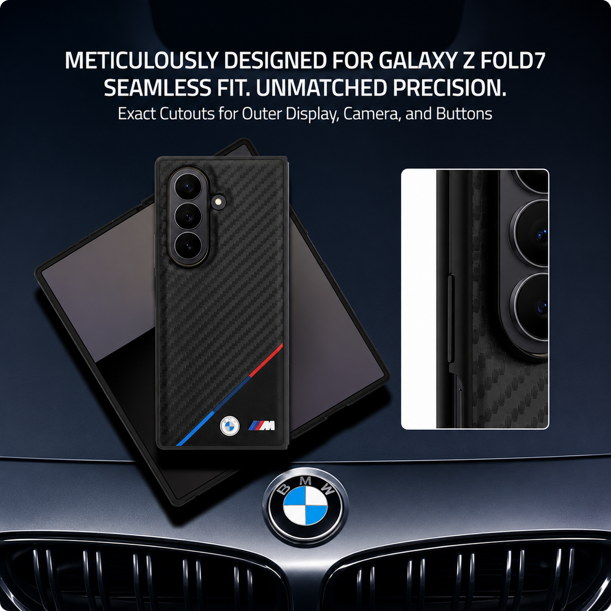 CG MOBILE BMW [Official Licensed] M Collection | Magnetic System, PU Leather & Carbon Case | Tricolor Stripe & Metal Logo Protective Case/Cover Designed for Galaxy Z Fold 7 - Black