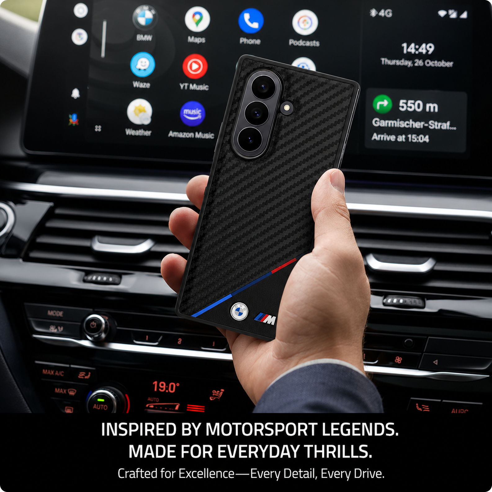 CG MOBILE BMW [Official Licensed] M Collection | Magnetic System, PU Leather & Carbon Case | Tricolor Stripe & Metal Logo Protective Case/Cover Designed for Galaxy Z Fold 7 - Black