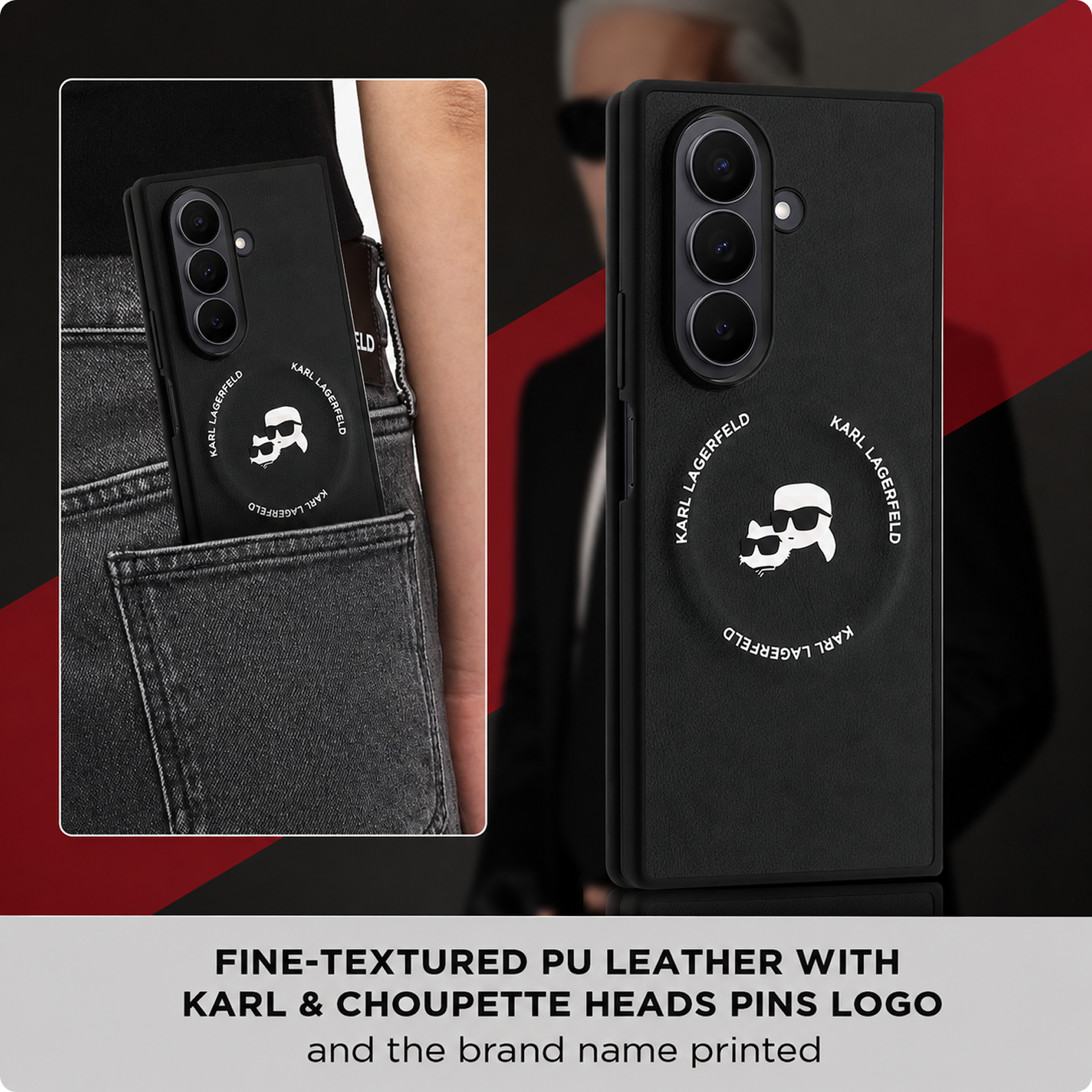 CG MOBILE Karl Lagerfeld [Official Licensed] Magnetic Compatible | PU Case | Karl & Choupette Heads Pins Logo & Metallic Camera Guard Protective Case Designed for Galaxy Z Fold 7 (2025)