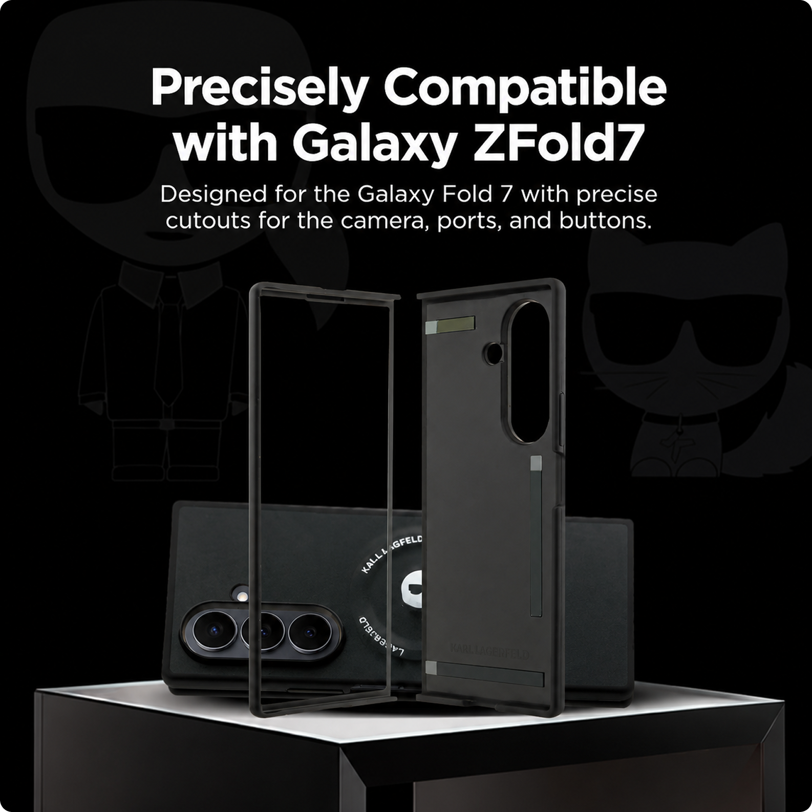 CG MOBILE Karl Lagerfeld [Official Licensed] Magnetic Compatible | PU Case | Karl & Choupette Heads Pins Logo & Metallic Camera Guard Protective Case Designed for Galaxy Z Fold 7 (2025)