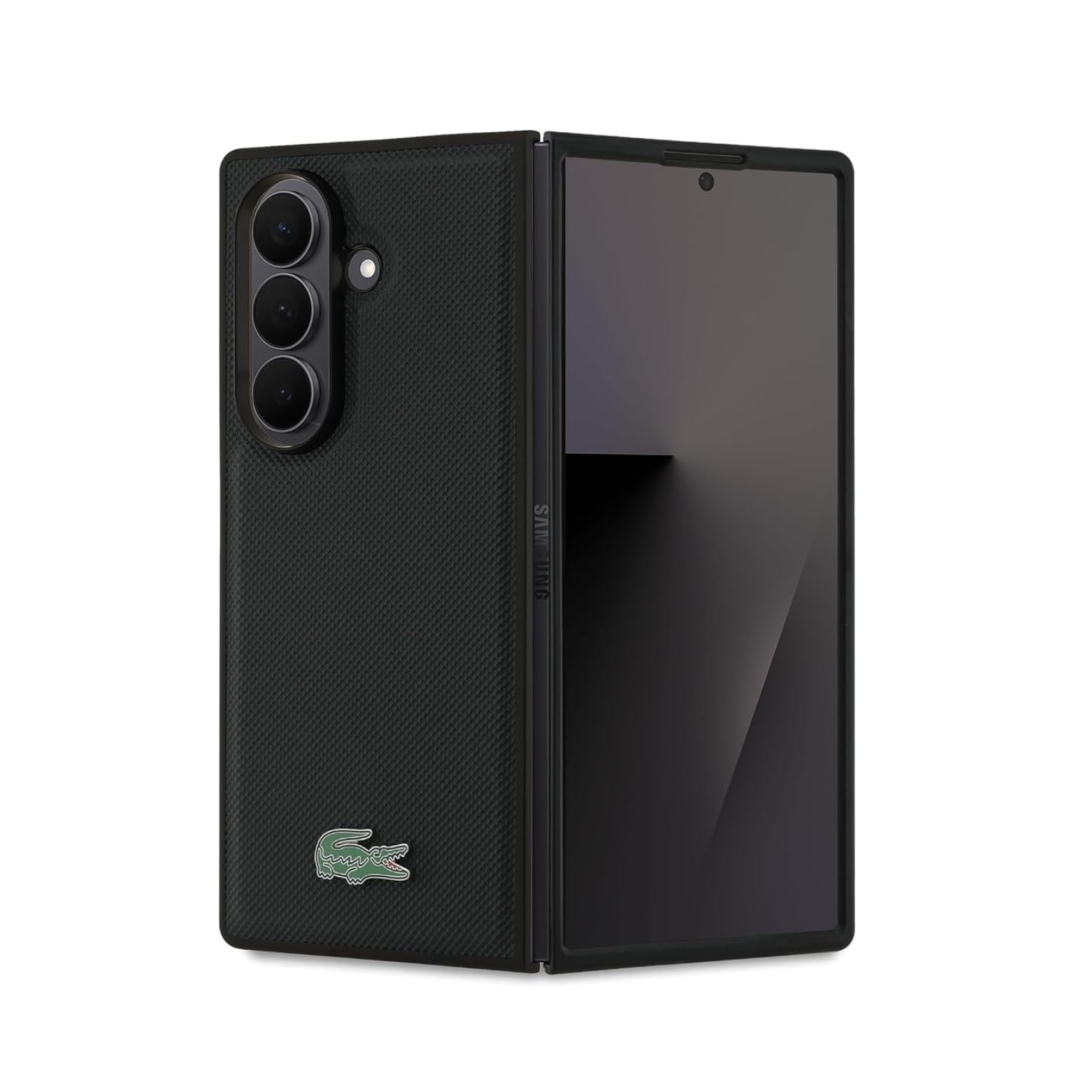 CG MOBILE Lacoste [Official Licensed] Hard Case | Magnetic Compatible | Iconic Petit Pique PU Lacquer Logo Protective Case/Cover Designed for Galaxy Z Fold 7 (2025) - Black