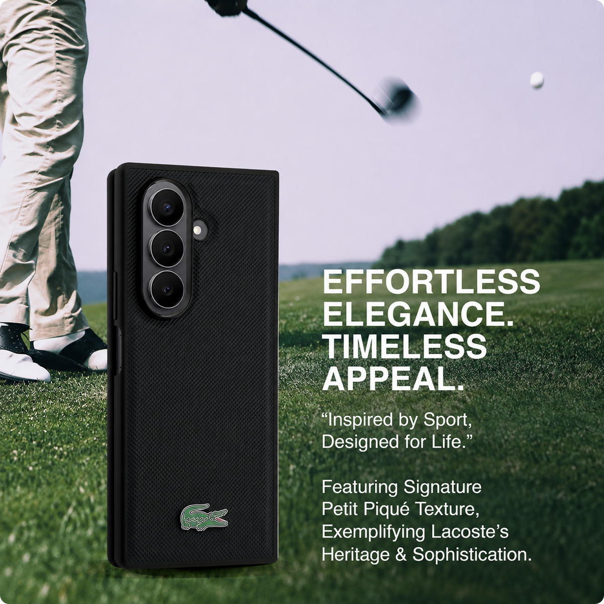 CG MOBILE Lacoste [Official Licensed] Hard Case | Magnetic Compatible | Iconic Petit Pique PU Lacquer Logo Protective Case/Cover Designed for Galaxy Z Fold 7 (2025) - Black