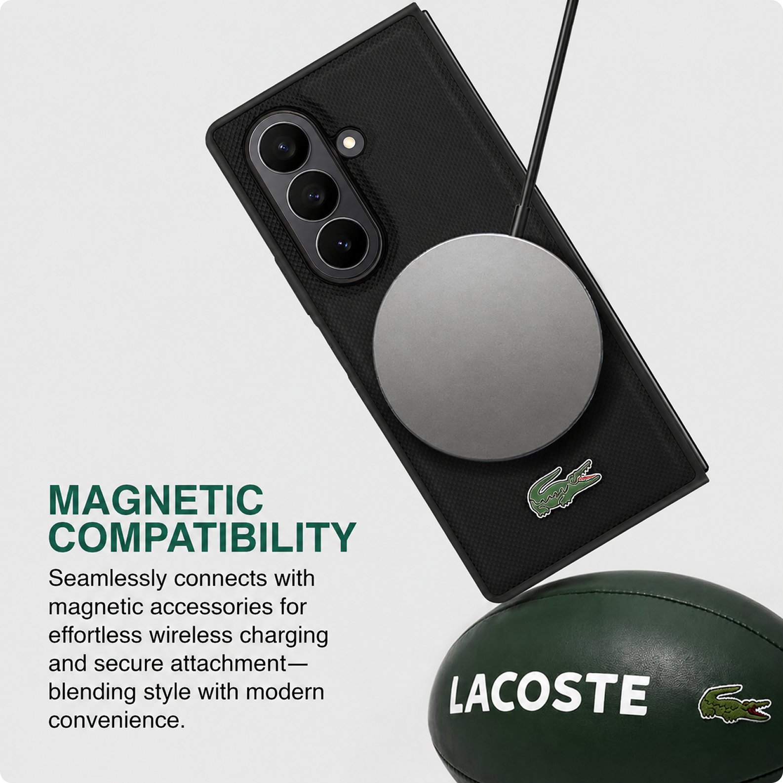 CG MOBILE Lacoste [Official Licensed] Hard Case | Magnetic Compatible | Iconic Petit Pique PU Lacquer Logo Protective Case/Cover Designed for Galaxy Z Fold 7 (2025) - Black