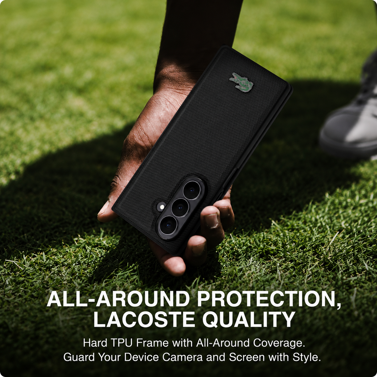 CG MOBILE Lacoste [Official Licensed] Hard Case | Magnetic Compatible | Iconic Petit Pique PU Lacquer Logo Protective Case/Cover Designed for Galaxy Z Fold 7 (2025) - Black