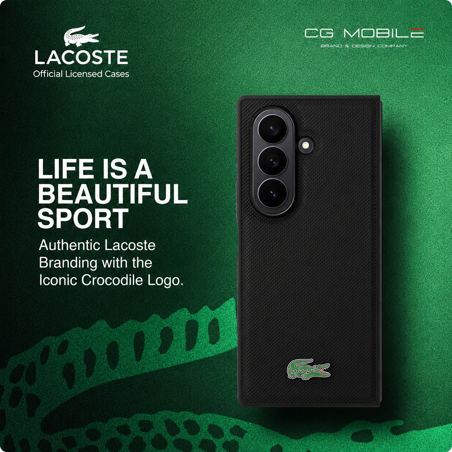 CG MOBILE Lacoste [Official Licensed] Hard Case | Magnetic Compatible | Iconic Petit Pique PU Lacquer Logo Protective Case/Cover Designed for Galaxy Z Fold 7 (2025) - Black