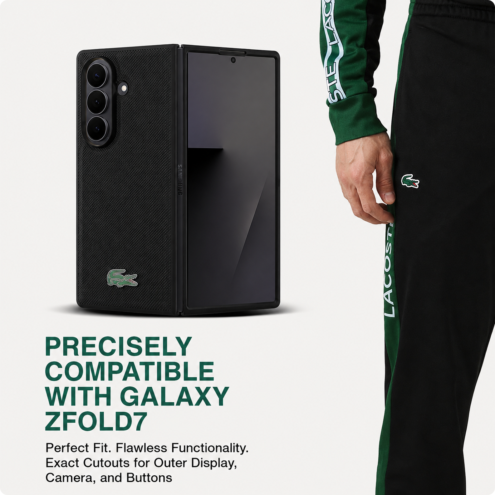CG MOBILE Lacoste [Official Licensed] Hard Case | Magnetic Compatible | Iconic Petit Pique PU Lacquer Logo Protective Case/Cover Designed for Galaxy Z Fold 7 (2025) - Black