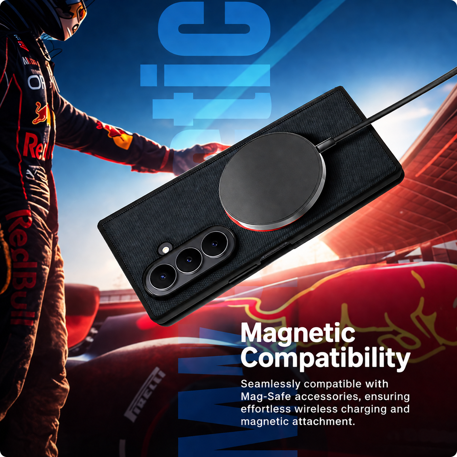 CG MOBILE REDBULL Racing [Official Licensed] Magnetic System | Meshed PU Leather Case with Red Ring Protective Case/Cover Designed for Galaxy Z Fold 7 (2025) - Navy