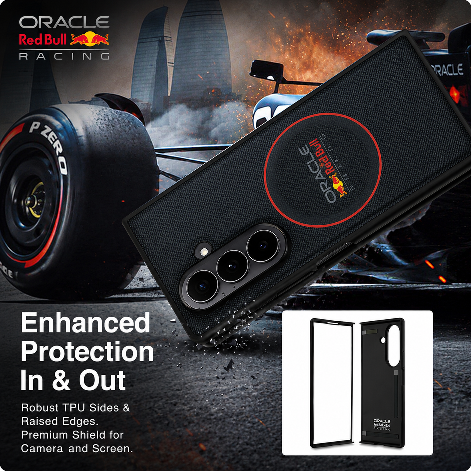 CG MOBILE REDBULL Racing [Official Licensed] Magnetic System | Meshed PU Leather Case with Red Ring Protective Case/Cover Designed for Galaxy Z Fold 7 (2025) - Navy