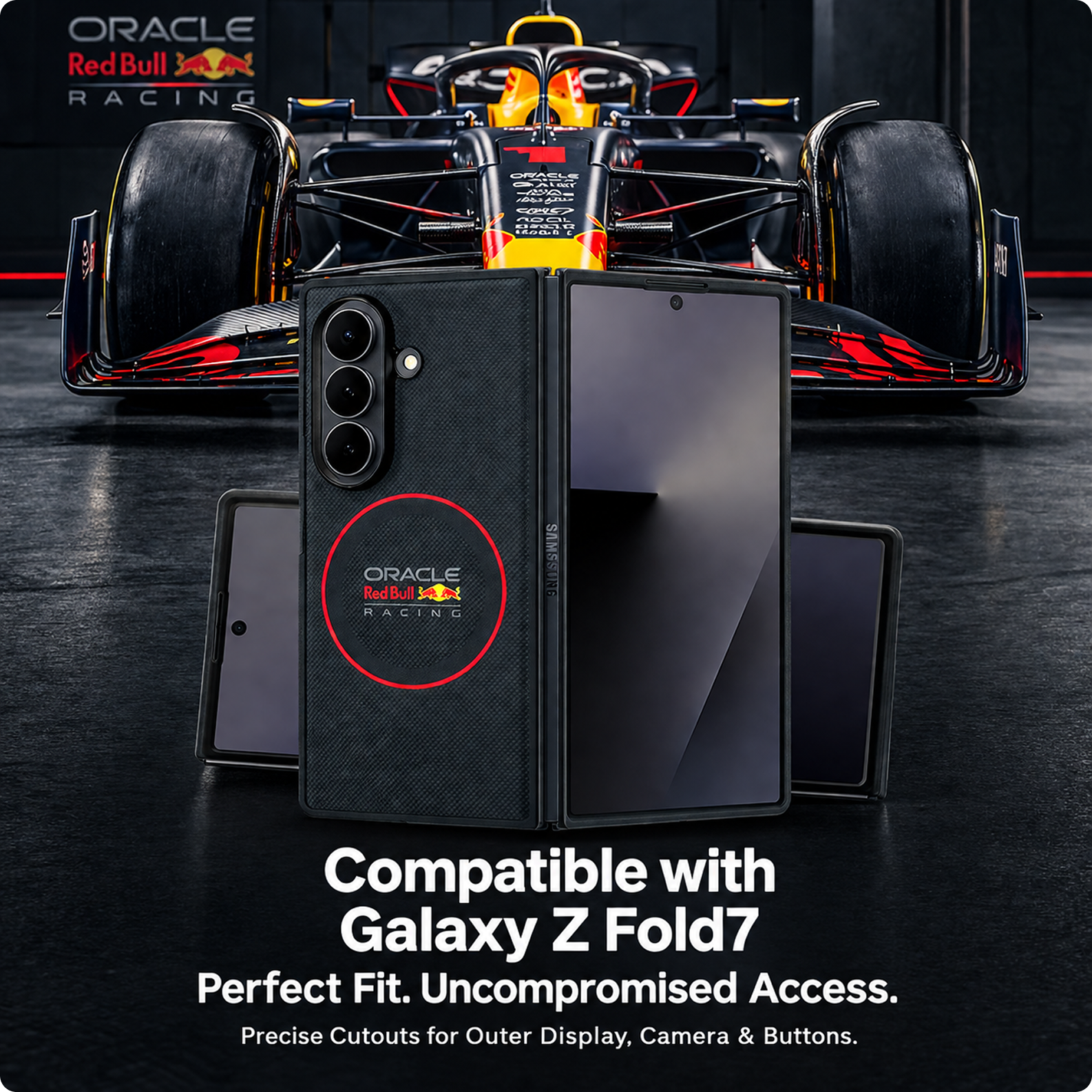 CG MOBILE REDBULL Racing [Official Licensed] Magnetic System | Meshed PU Leather Case with Red Ring Protective Case/Cover Designed for Galaxy Z Fold 7 (2025) - Navy