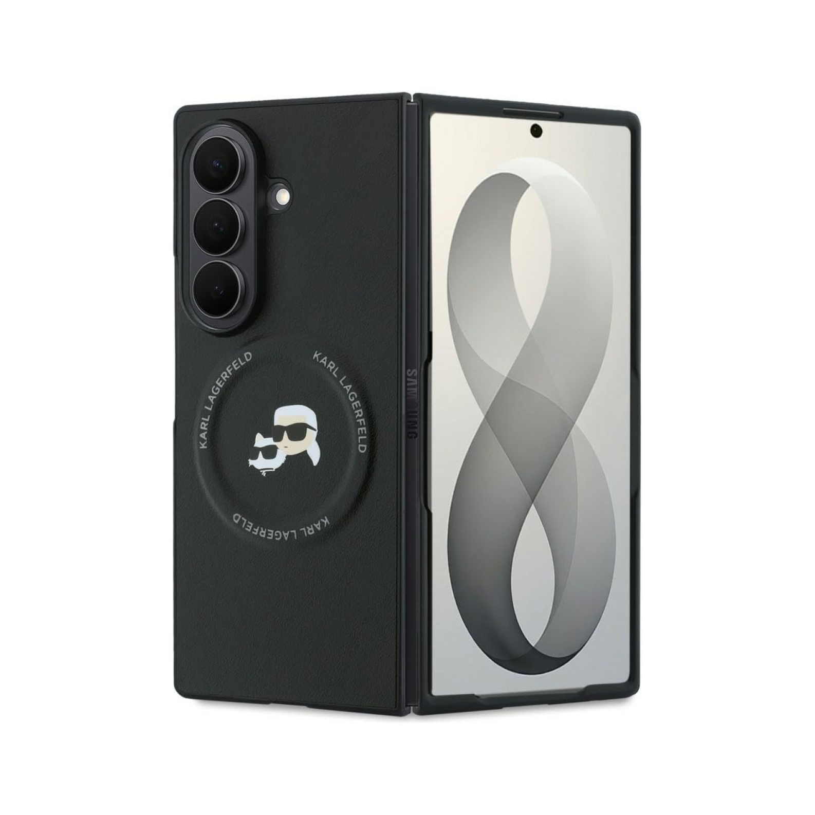 CG MOBILE Karl Lagerfeld [Official Licensed], Protective Case Designed for Galaxy Z Fold 8 Ultra | Magnetic Compatible | PU Case | Karl & Choupette Heads Pins Logo & Metal Camera Button - Black