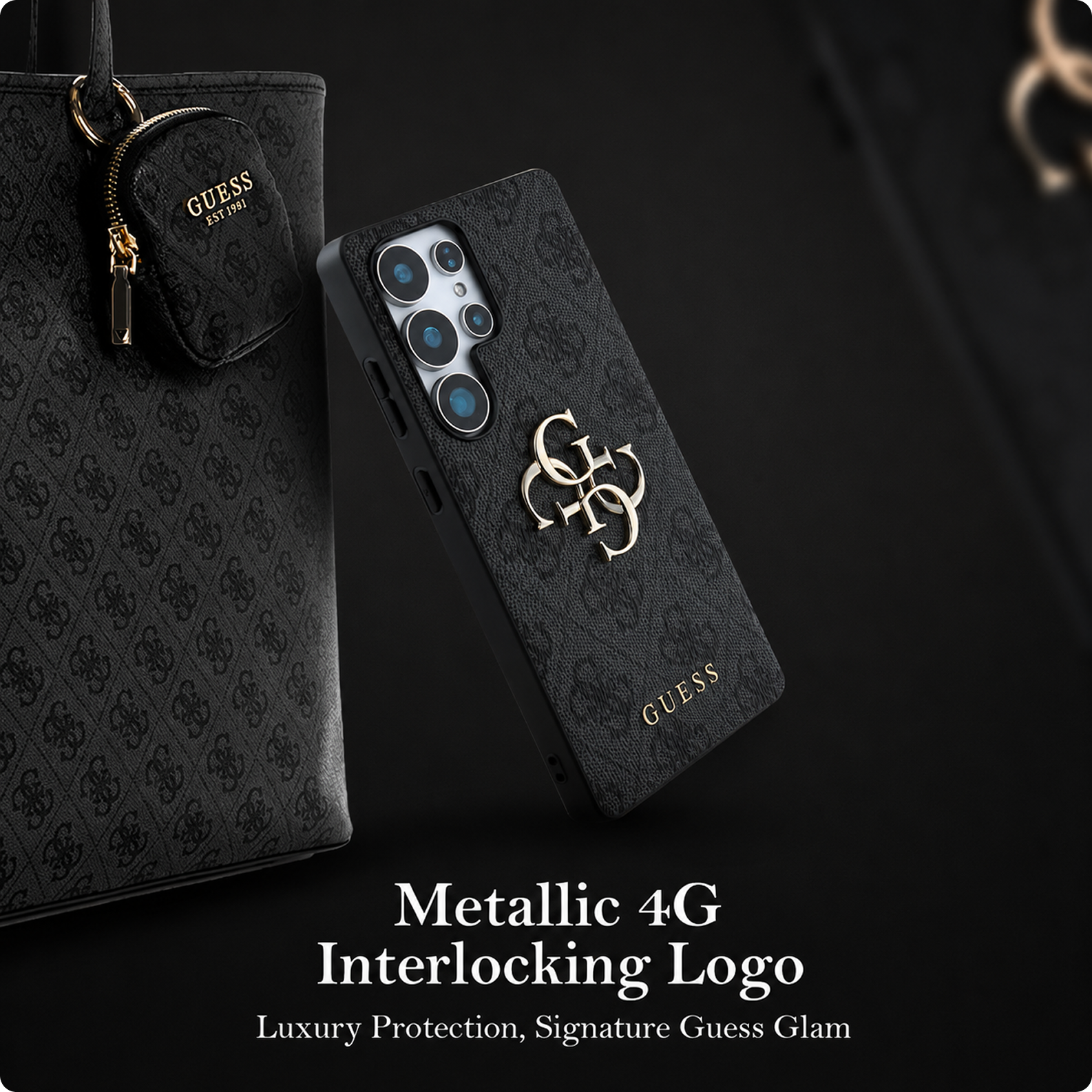 CG MOBILE Guess [Official Licensed] 4G PU Case with Big 4G Logo & Classic Logo Protective Case/Cover Designed for Galaxy S25 Ultra - Black
