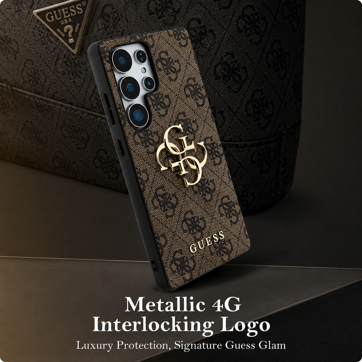 CG MOBILE Guess [Official Licensed] 4G PU Case with Big 4G Logo & Classic Logo Protective Case Compatible with Galaxy S25 Ultra - Brown