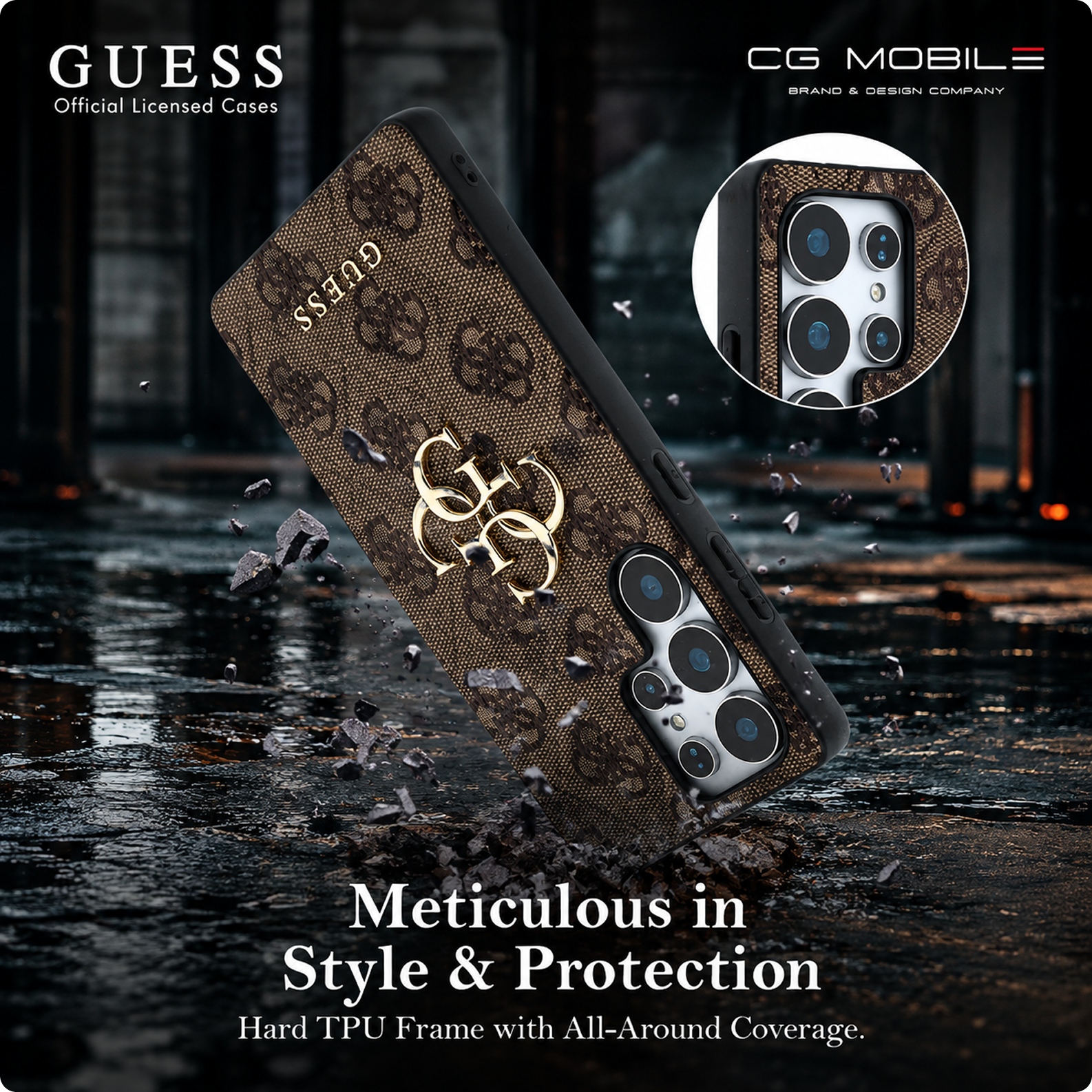 CG MOBILE Guess [Official Licensed] 4G PU Case with Big 4G Logo & Classic Logo Protective Case Compatible with Galaxy S25 Ultra - Brown