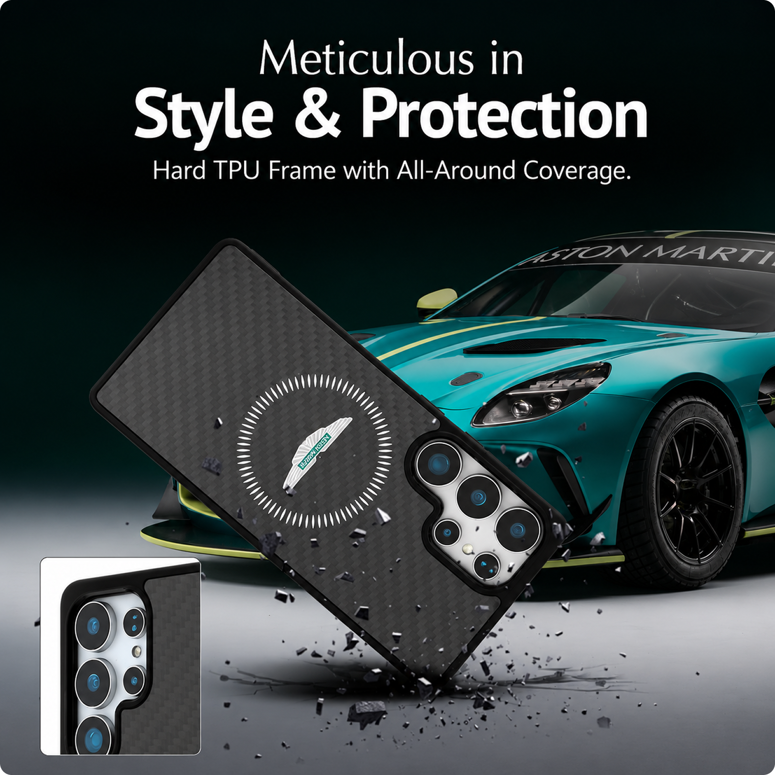 CG MOBILE Aston Martin [Official Licensed], HC Magnetic Real Carbon Fiber Case with Magnetic System Counter Design Protective Case/Cover Designed for Galaxy S25 Ultra - Black