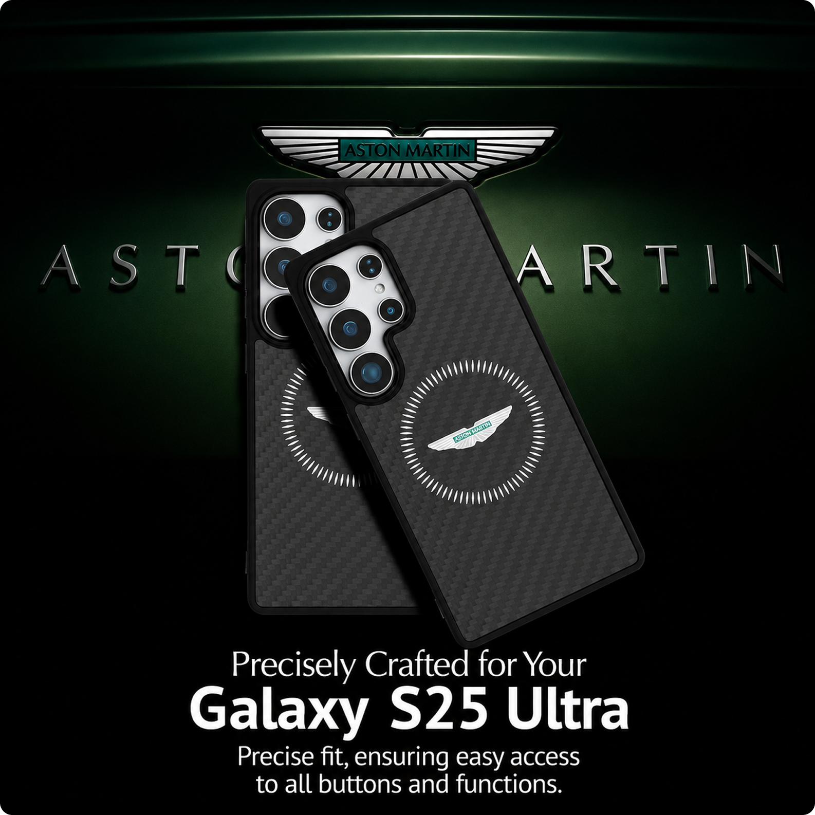 CG MOBILE Aston Martin [Official Licensed], HC Magnetic Real Carbon Fiber Case with Magnetic System Counter Design Protective Case/Cover Designed for Galaxy S25 Ultra - Black