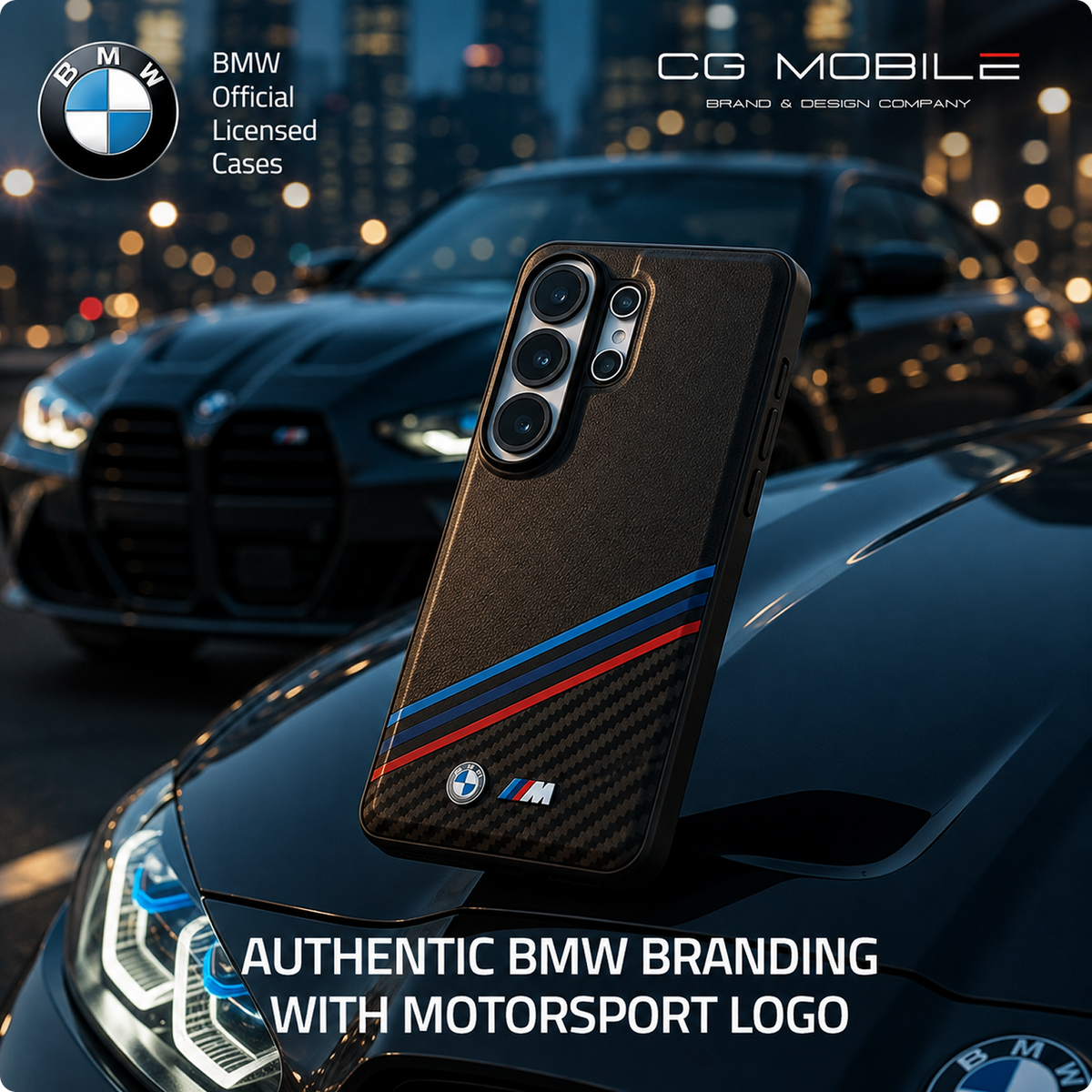 CG MOBILE BMW [Official Licensed], Protective Case Designed for Galaxy S26 Ultra (2026)| Magnetic System PU Leather Texturized Case Tricolor Crossing Stripes & Metal Logos - Black
