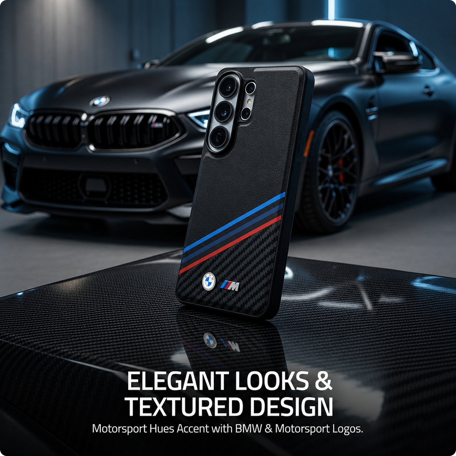 CG MOBILE BMW [Official Licensed], Protective Case Designed for Galaxy S26 Ultra (2026)| Magnetic System PU Leather Texturized Case Tricolor Crossing Stripes & Metal Logos - Black