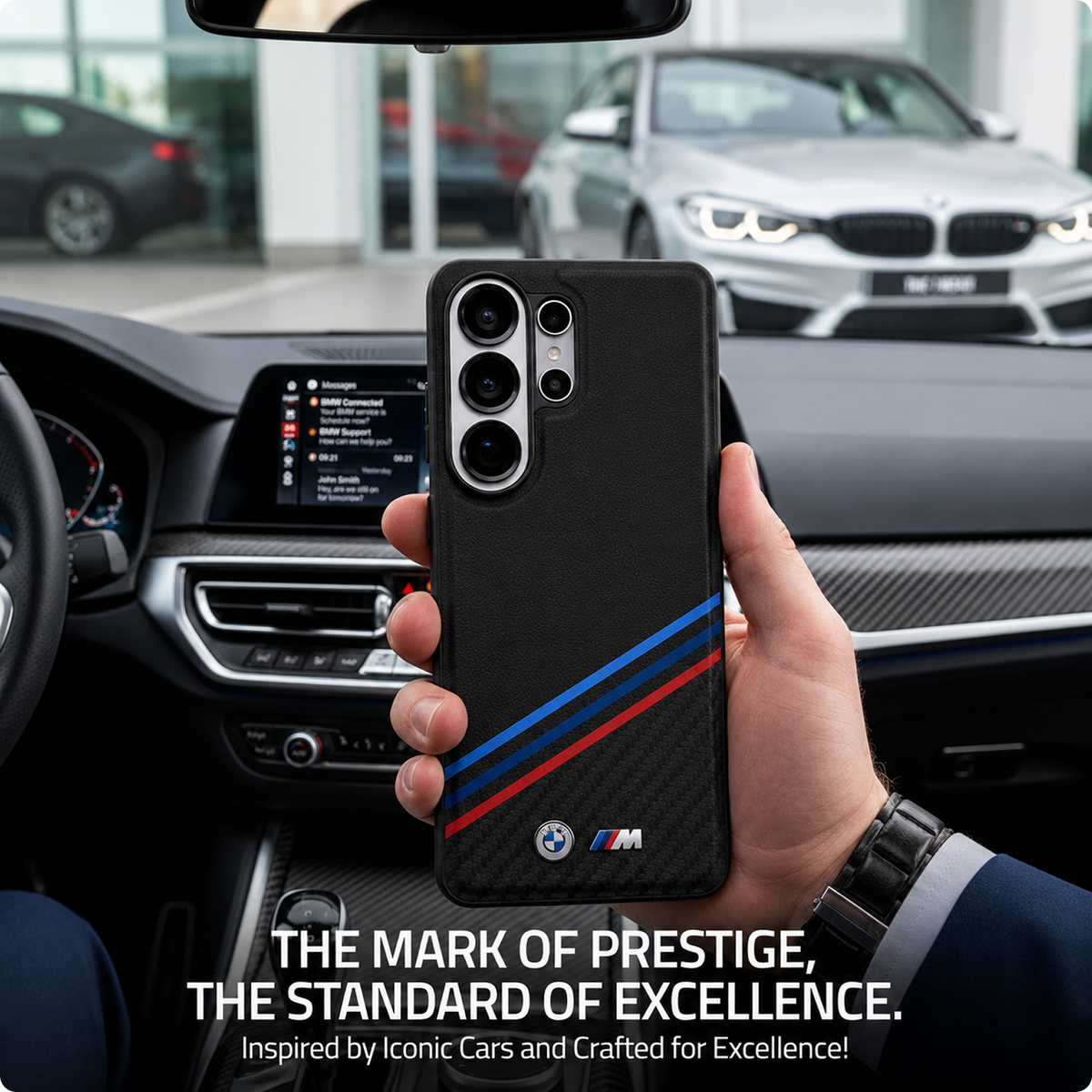 CG MOBILE BMW [Official Licensed], Protective Case Designed for Galaxy S26 Ultra (2026)| Magnetic System PU Leather Texturized Case Tricolor Crossing Stripes & Metal Logos - Black