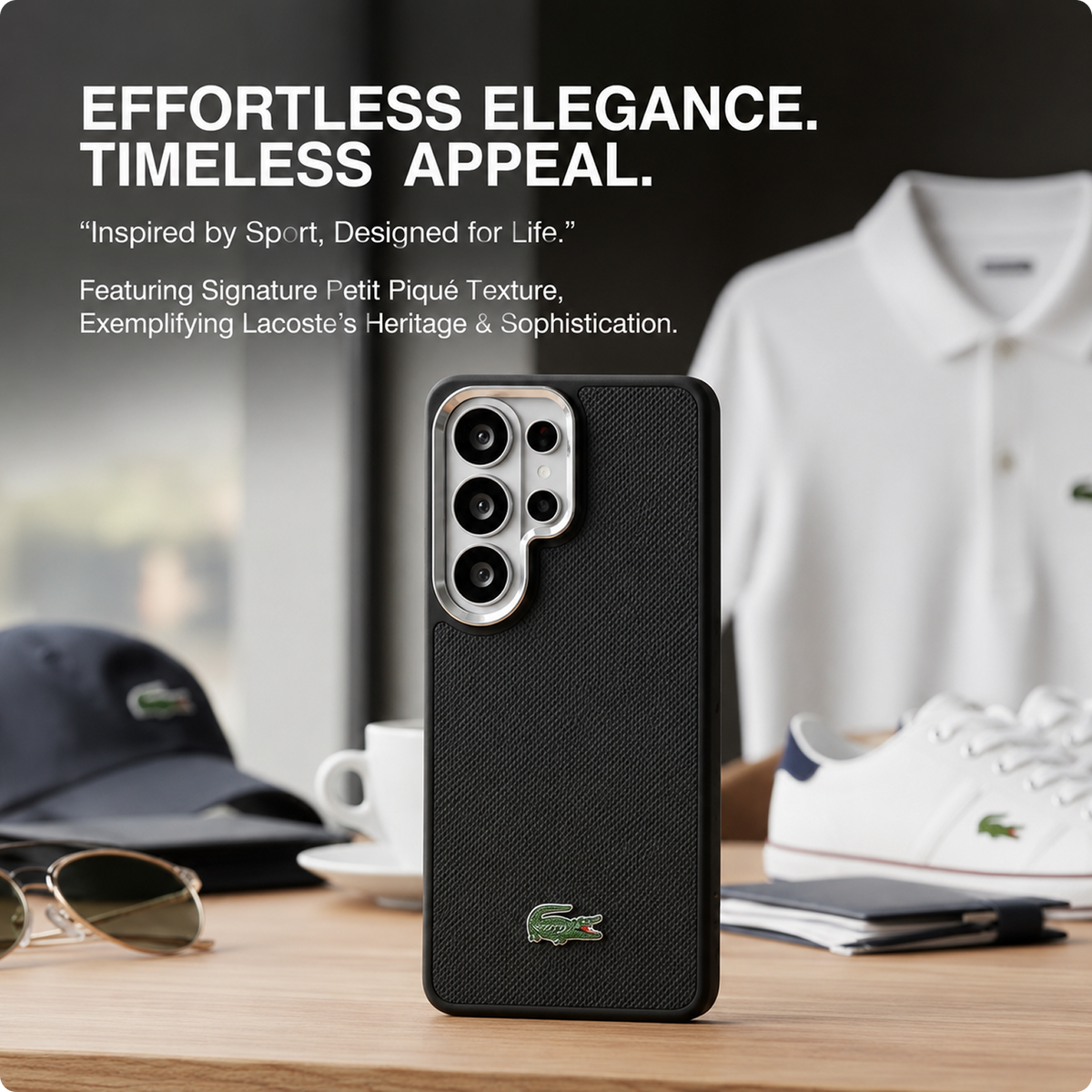 CG MOBILE Lacoste [Official Licensed], Protective Case Designed for Galaxy S26 Ultra (2026) | Magnetic System Full Wrap Petit Pique PVC Hard Case - Black