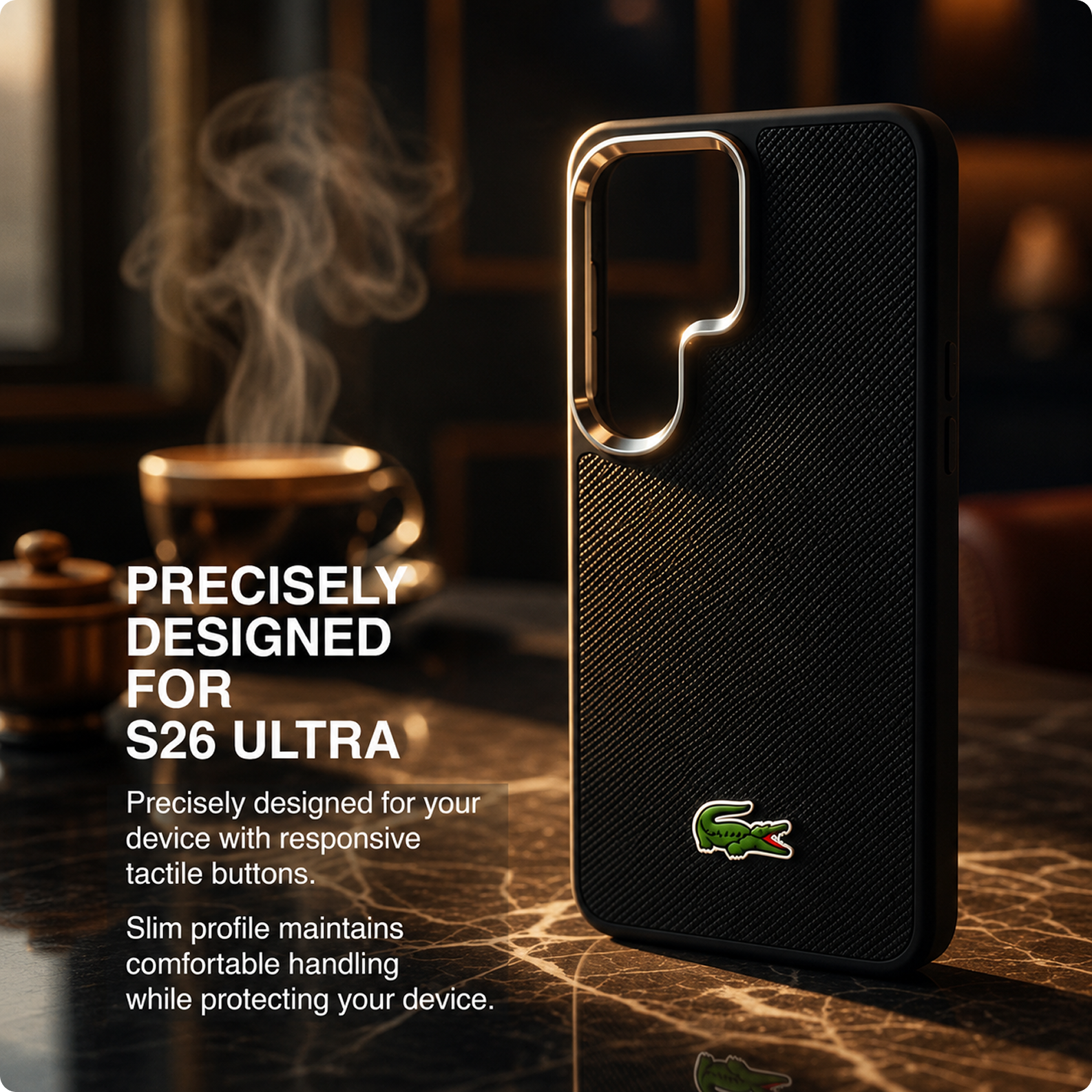 CG MOBILE Lacoste [Official Licensed], Protective Case Designed for Galaxy S26 Ultra (2026) | Magnetic System Full Wrap Petit Pique PVC Hard Case - Black