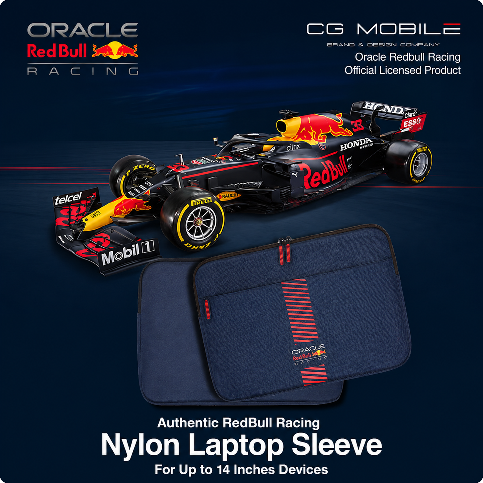 REDBULL Racing 14-Inch Laptop Sleeve Case Official Licensed by CG Mobile – Premium Nylon with Powerbar Design, Stylish Protective Laptop/MacBook Bag for Men & Women - Navy