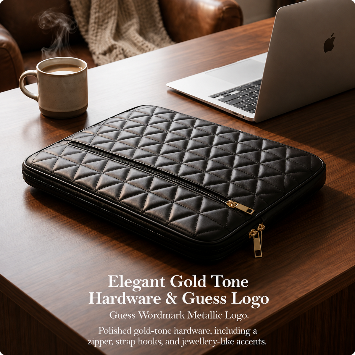 CG MOBILE Guess 13-Inch Laptop Sleeve Case Official Licensed Grained Quilted 4G PU Leather | Stylish Protective Laptop/MacBook Bag for Men & Women - Black