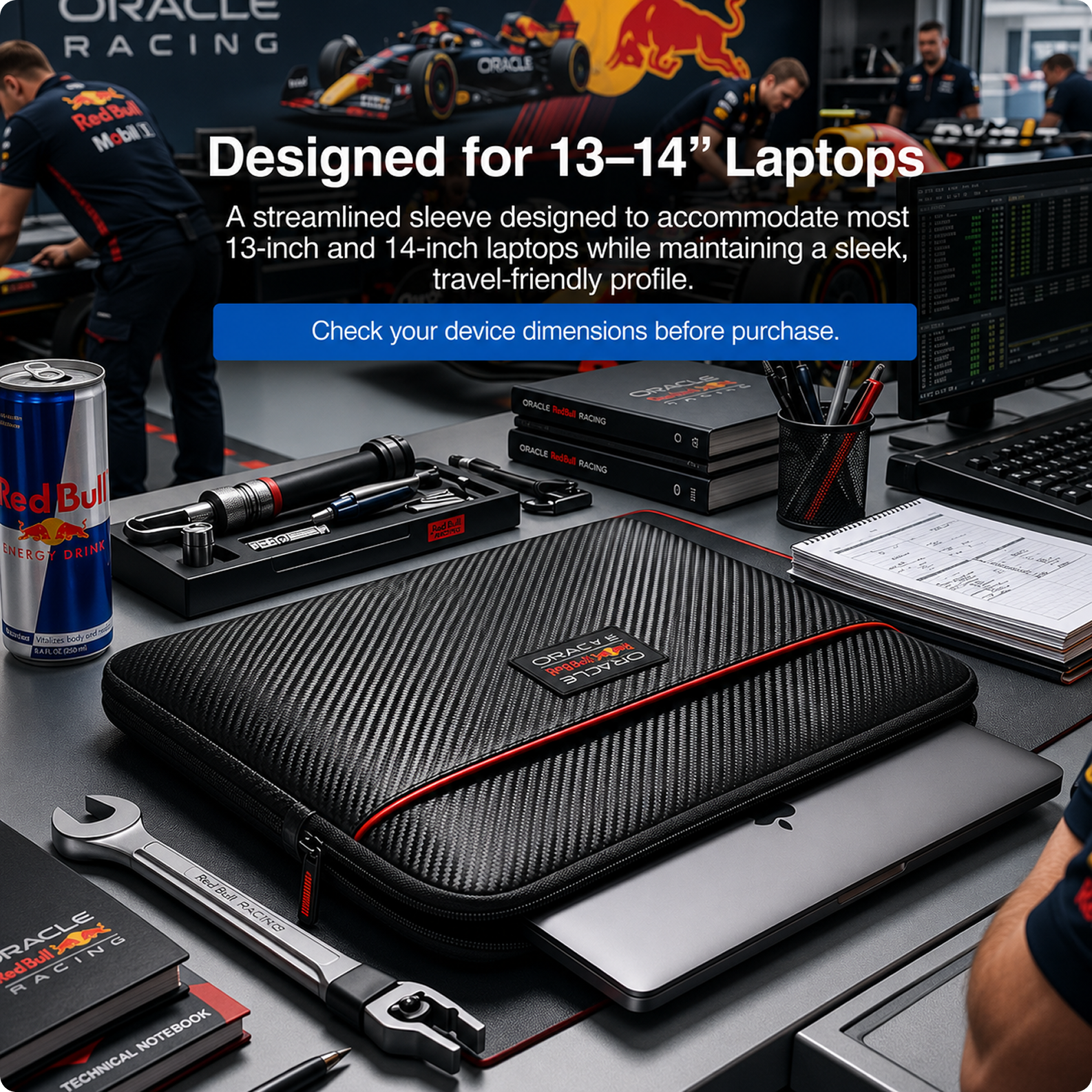 REDBULL Racing 13-Inch/14-Inch Laptop Sleeve Official Licensed by CG Mobile –PU Carbon & Logo, Stylish Protective Laptop/MacBook Bag for Men & Women - Black