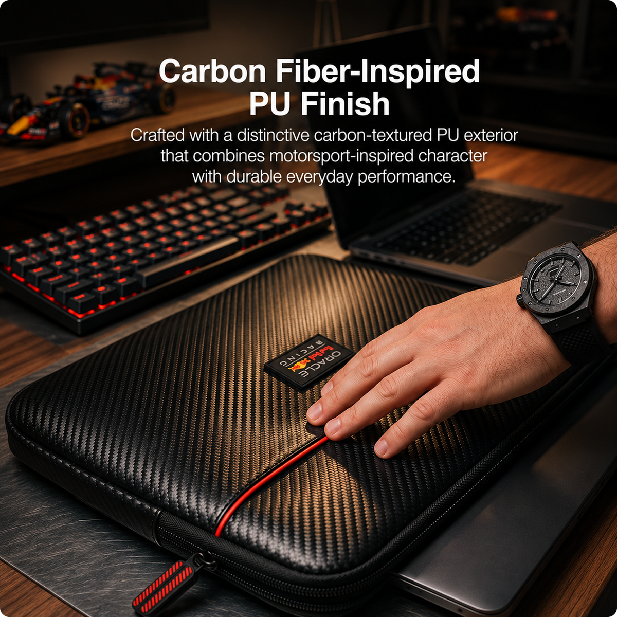 REDBULL Racing 13-Inch/14-Inch Laptop Sleeve Official Licensed by CG Mobile –PU Carbon & Logo, Stylish Protective Laptop/MacBook Bag for Men & Women - Black