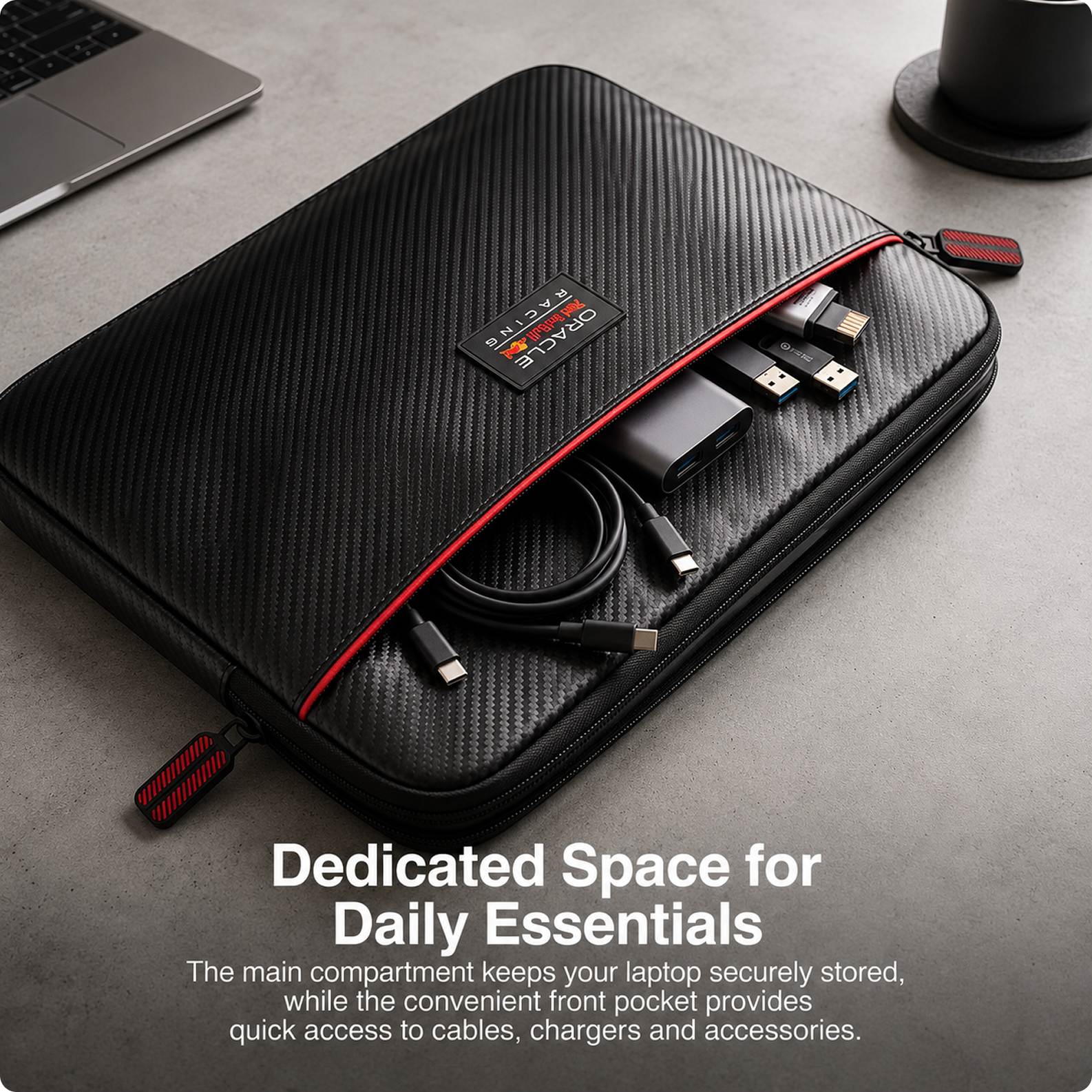 REDBULL Racing 13-Inch/14-Inch Laptop Sleeve Official Licensed by CG Mobile –PU Carbon & Logo, Stylish Protective Laptop/MacBook Bag for Men & Women - Black