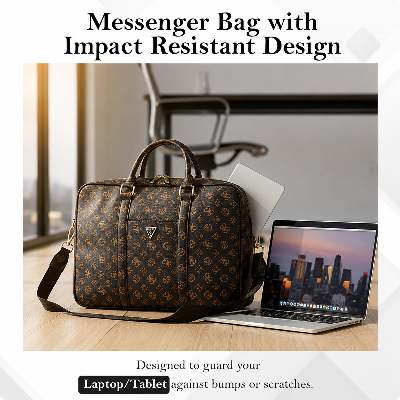 CG MOBILE GUESS 15-Inch Laptop Messenger Bag [Official Licensed], PU Leather with 4G Print, Zipper Handle, Strap & Triangle Logo, Protective Laptop/MacBook Carrying & Crossbody Bag