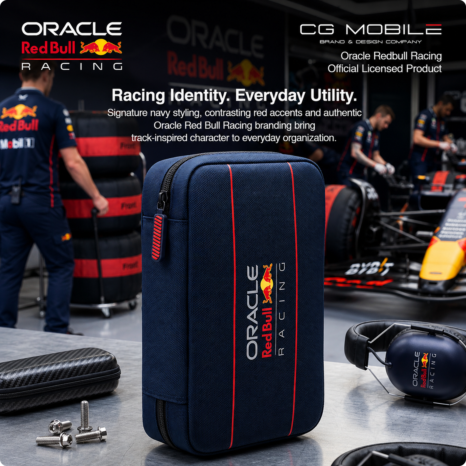 CG MOBILE Redbull Racing Organizer Tech Accessory Pouch Bag Officially Licensed, Nylon Travel Tech Kit with Powerbar, Organizing USB Cables, Chargers, Power Bank, Hard Disk, Adapter & Earphones