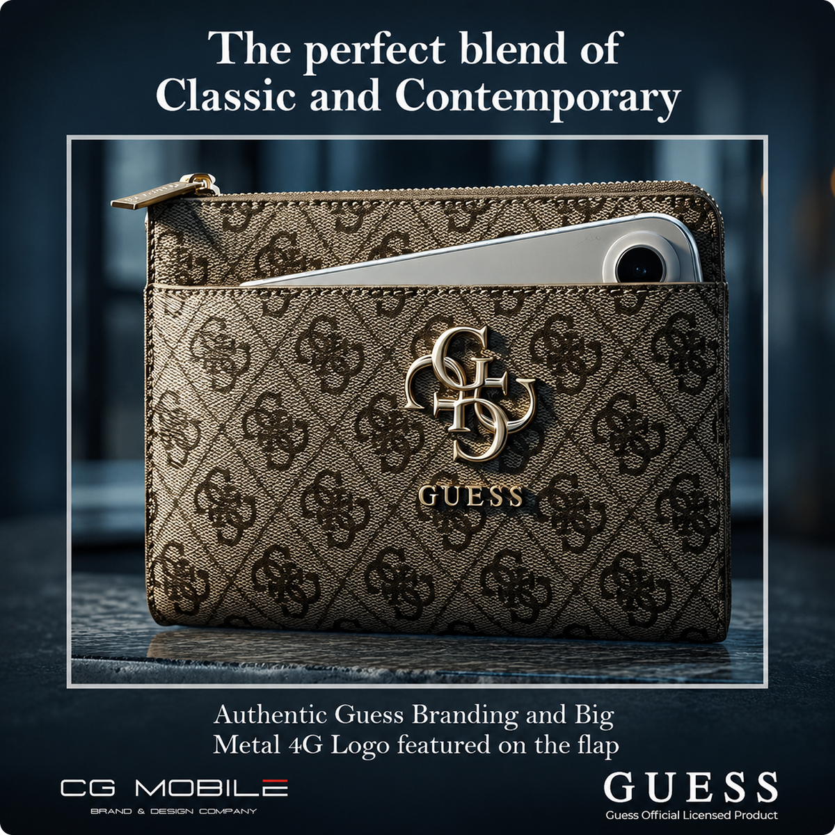 CG MOBILE GUESS Universal Phone Wallet Bag Officially Licensed, Big 4G Logo Print Phone Pouch with Crossbody Strap, Impact-Resistant Protective Phone Holder for Men & Women - Brown