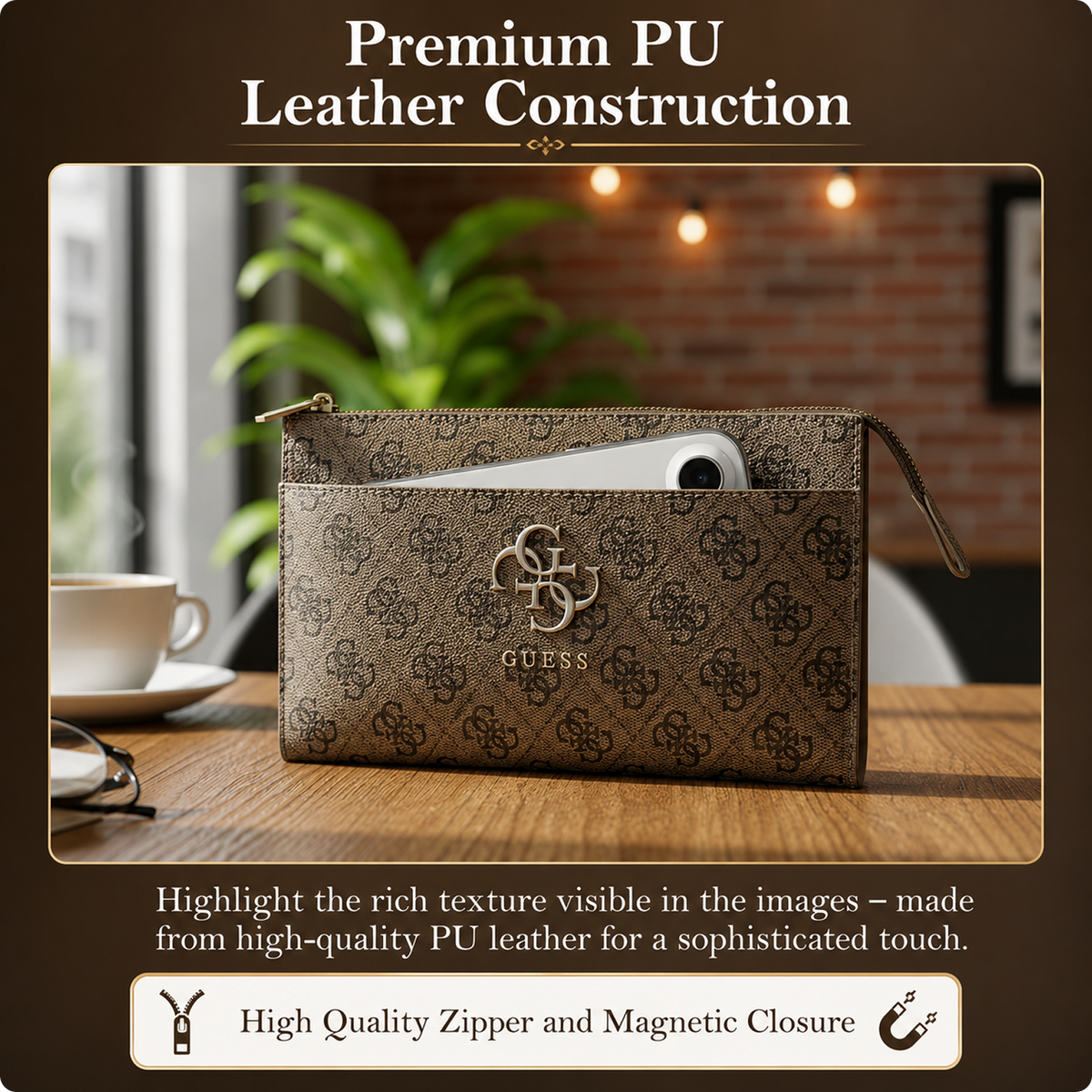 CG MOBILE GUESS Universal Phone Wallet Bag Officially Licensed, Big 4G Logo Print Phone Pouch with Crossbody Strap, Impact-Resistant Protective Phone Holder for Men & Women - Brown