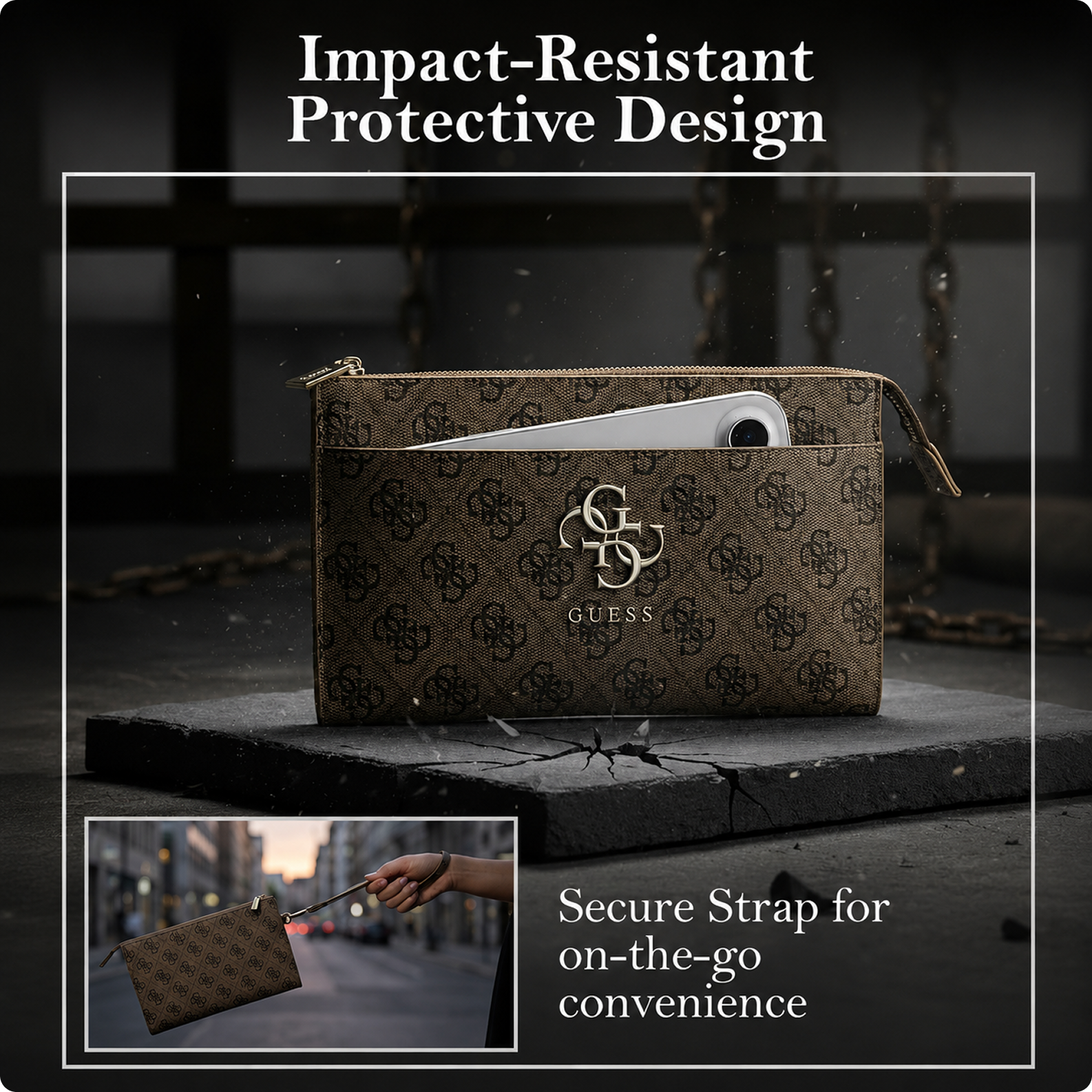 CG MOBILE GUESS Universal Phone Wallet Bag Officially Licensed, Big 4G Logo Print Phone Pouch with Crossbody Strap, Impact-Resistant Protective Phone Holder for Men & Women - Brown