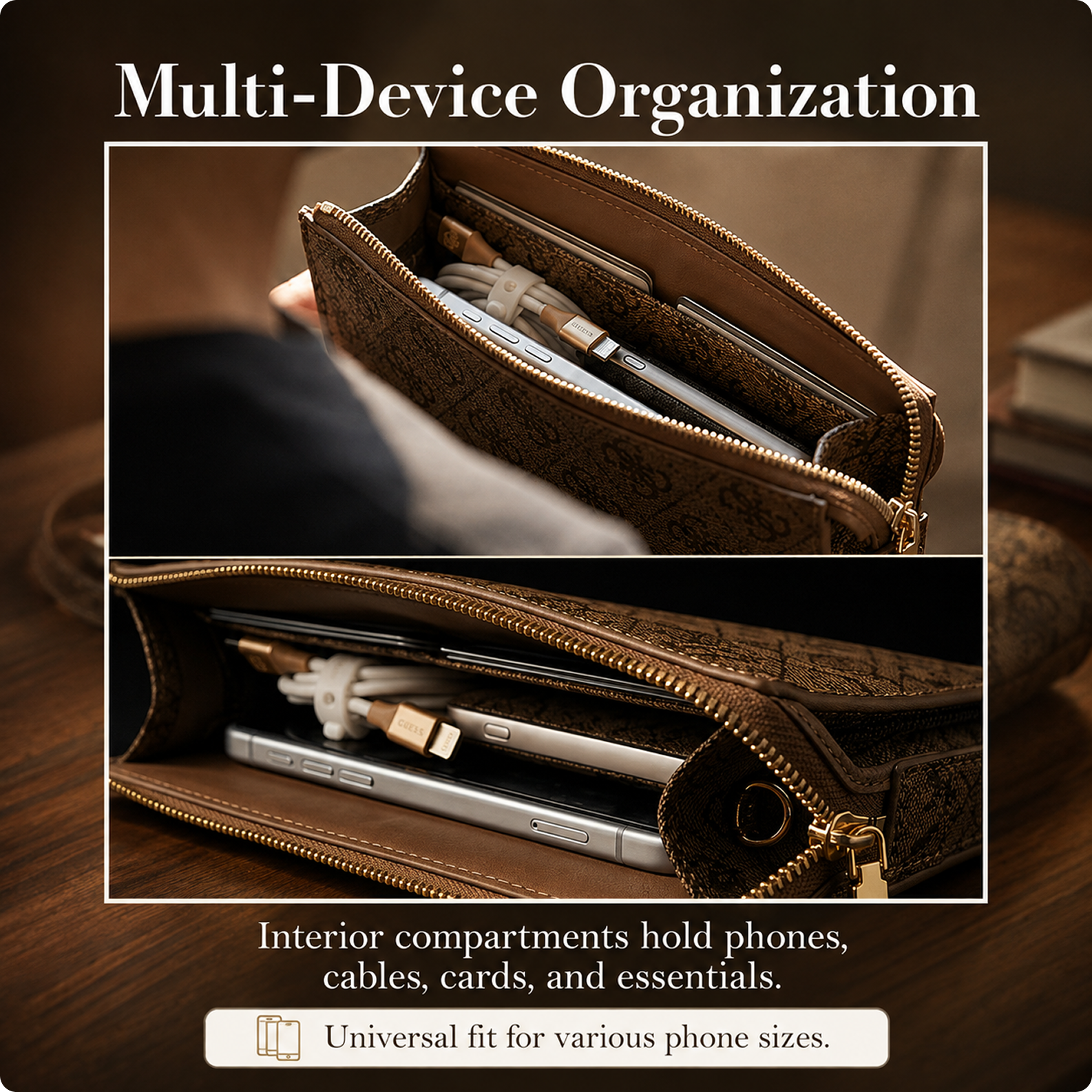CG MOBILE GUESS Universal Phone Wallet Bag Officially Licensed, Big 4G Logo Print Phone Pouch with Crossbody Strap, Impact-Resistant Protective Phone Holder for Men & Women - Brown